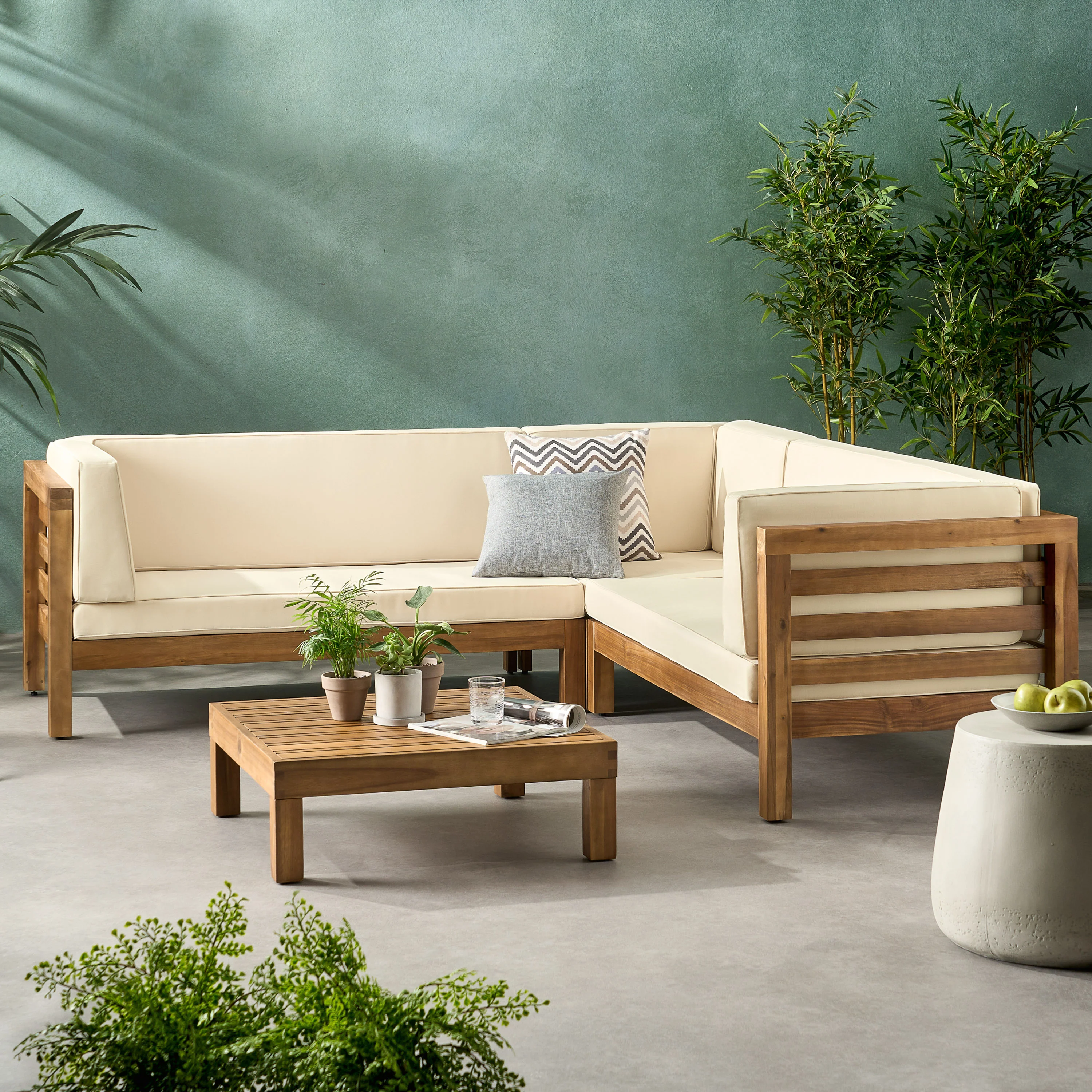 Ravello 4 Piece Outdoor Wooden Sectional Set with Cushions - furnishings