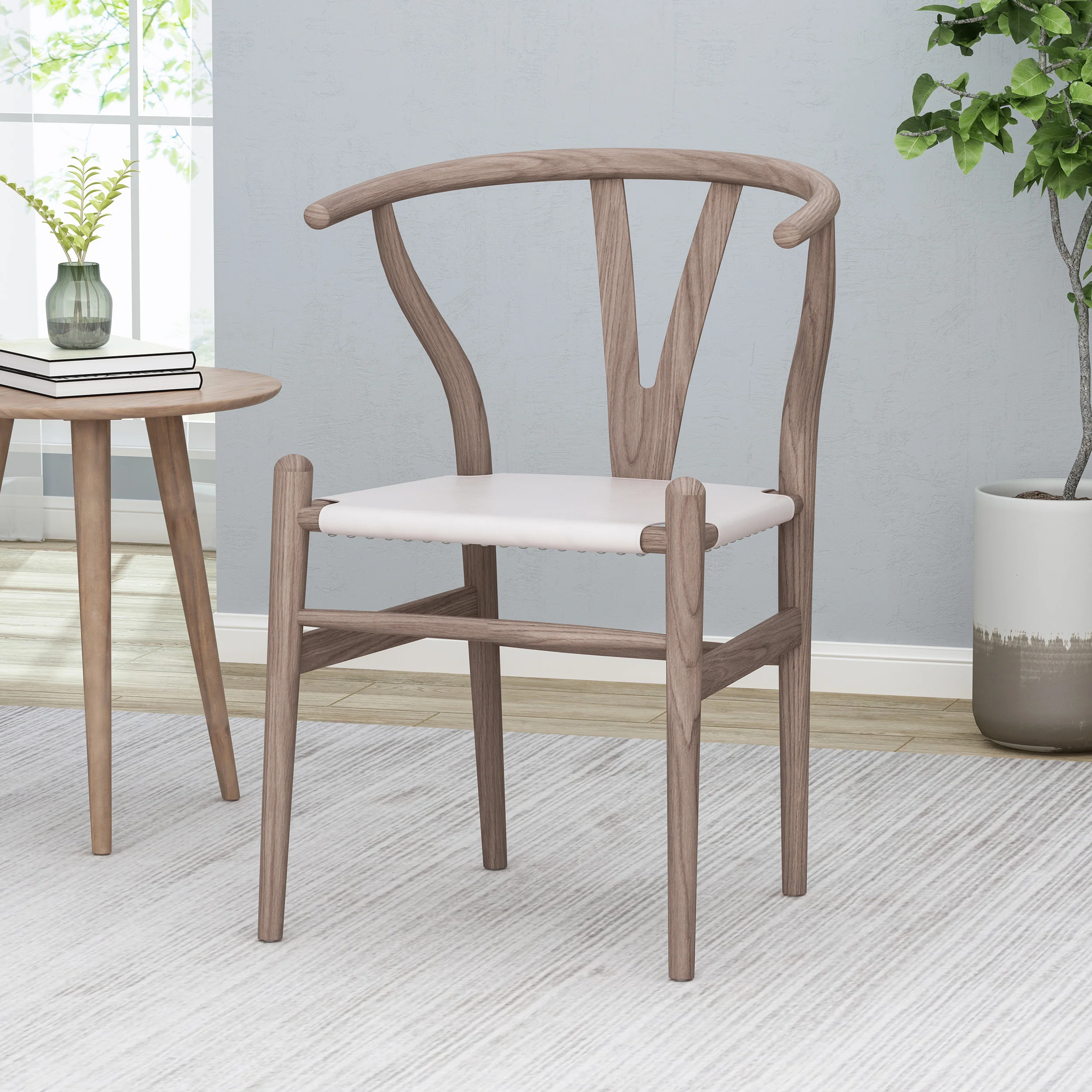 Quince Rustic Faux Leather and Elm Wood Wishbone Chair - furnishings