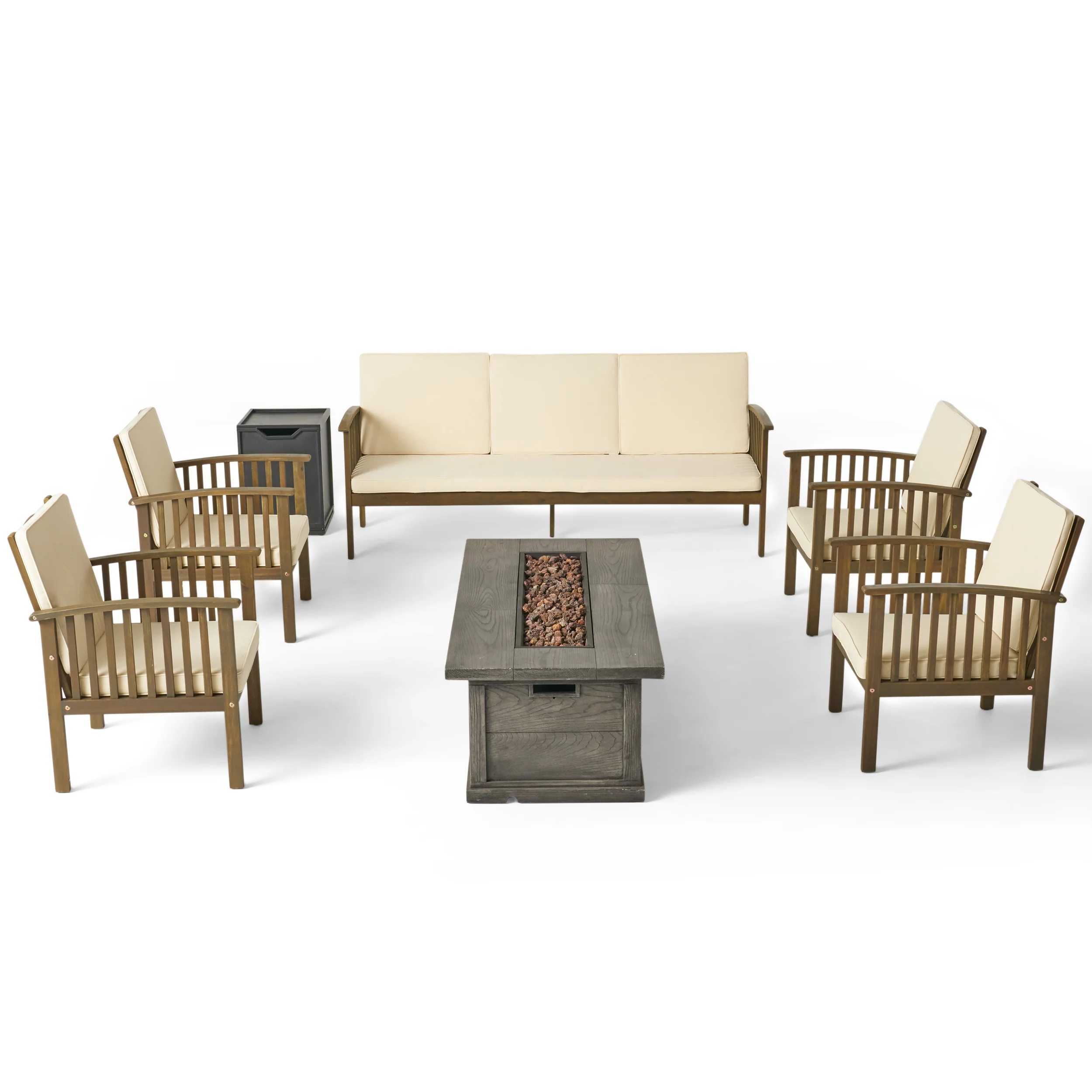 Suzanne Sophia Outdoor 7 Piece Acacia Wood Chat Set with Fire Pit - furnishings