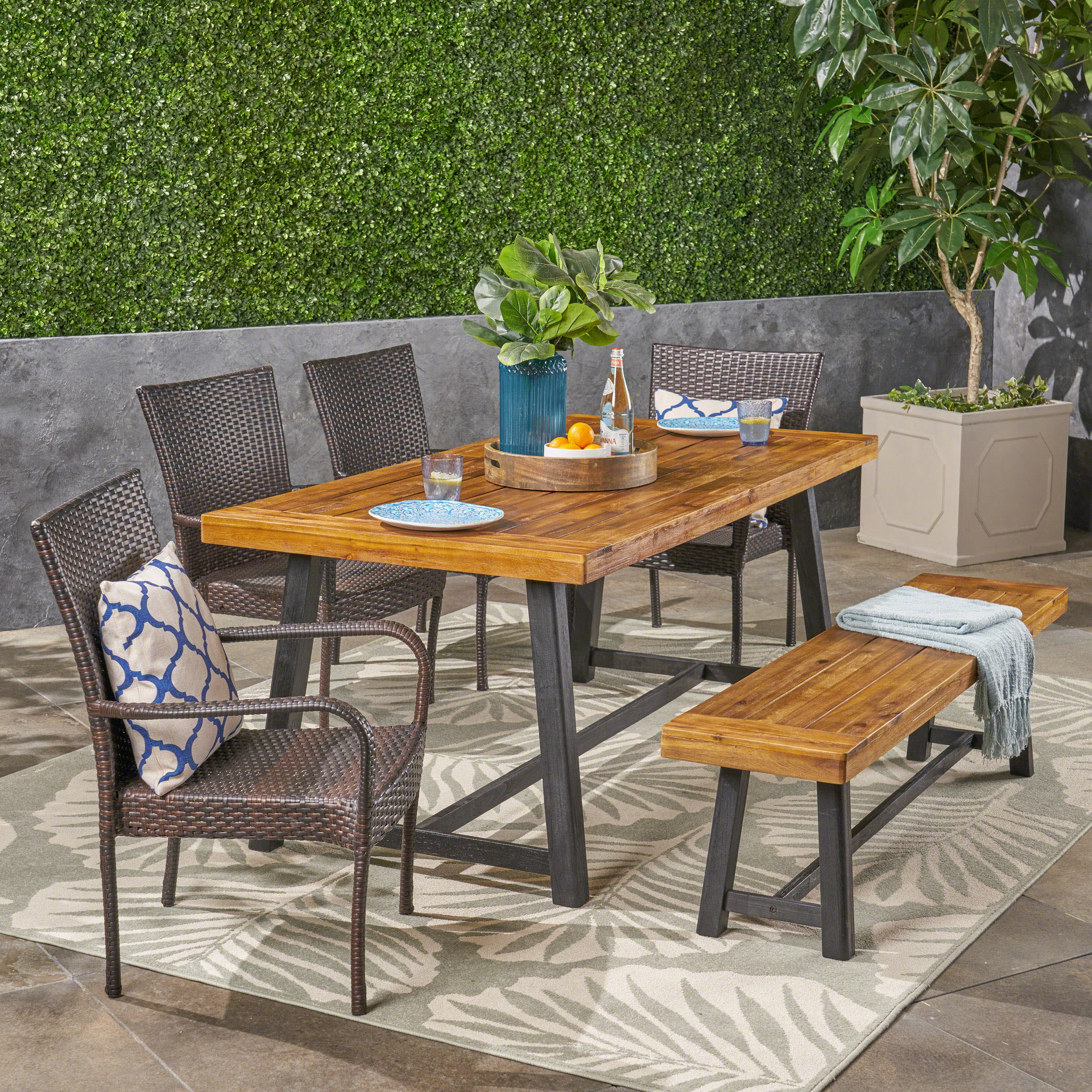 Nash Outdoor 6 Piece Dining Set with Wicker Chairs and Bench, Sandblast Teak and Multi Brown and Beige - furnishings