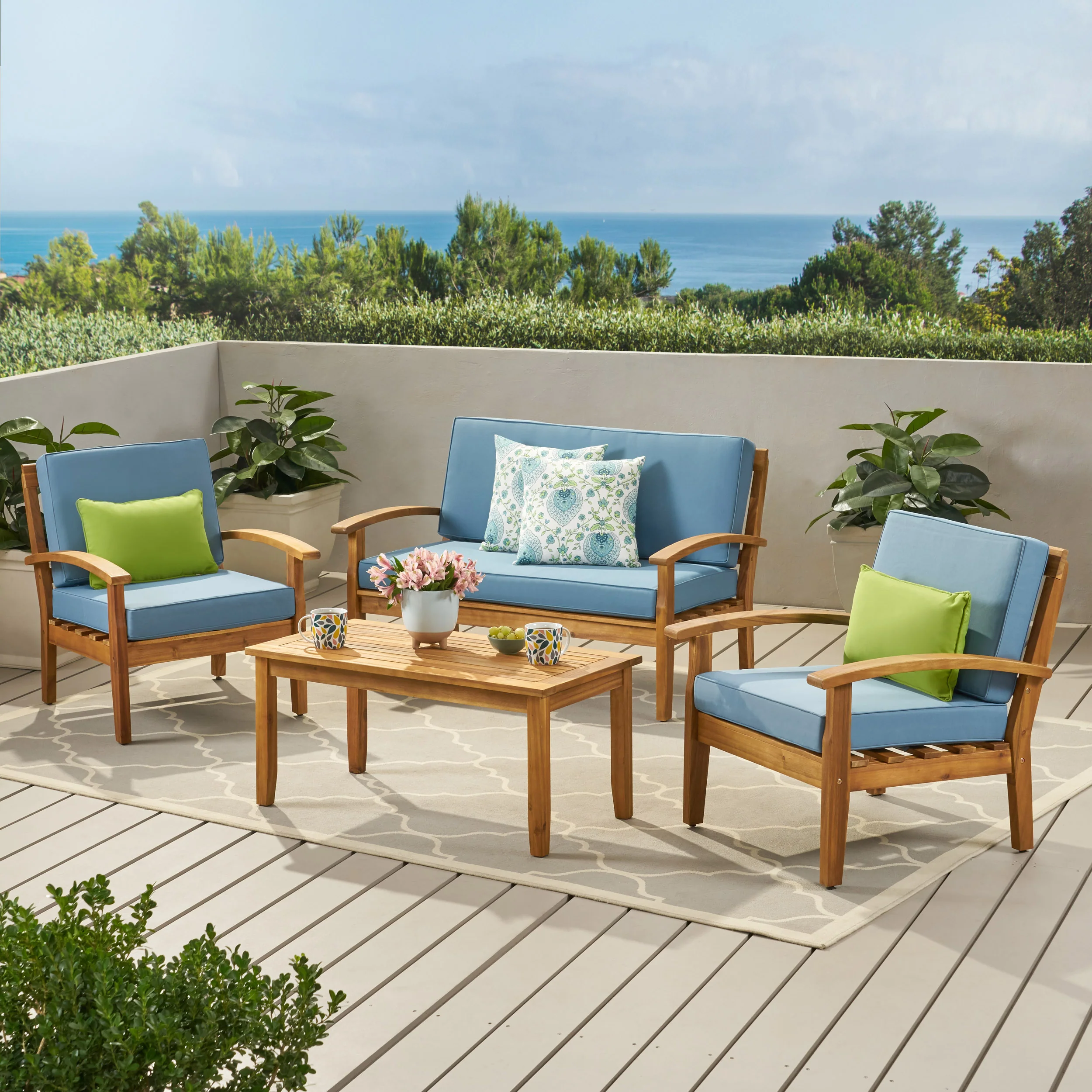 Peyton 4 Pc Acacia Wood Chat Set w/ Water Resistant Cushions - furnishings