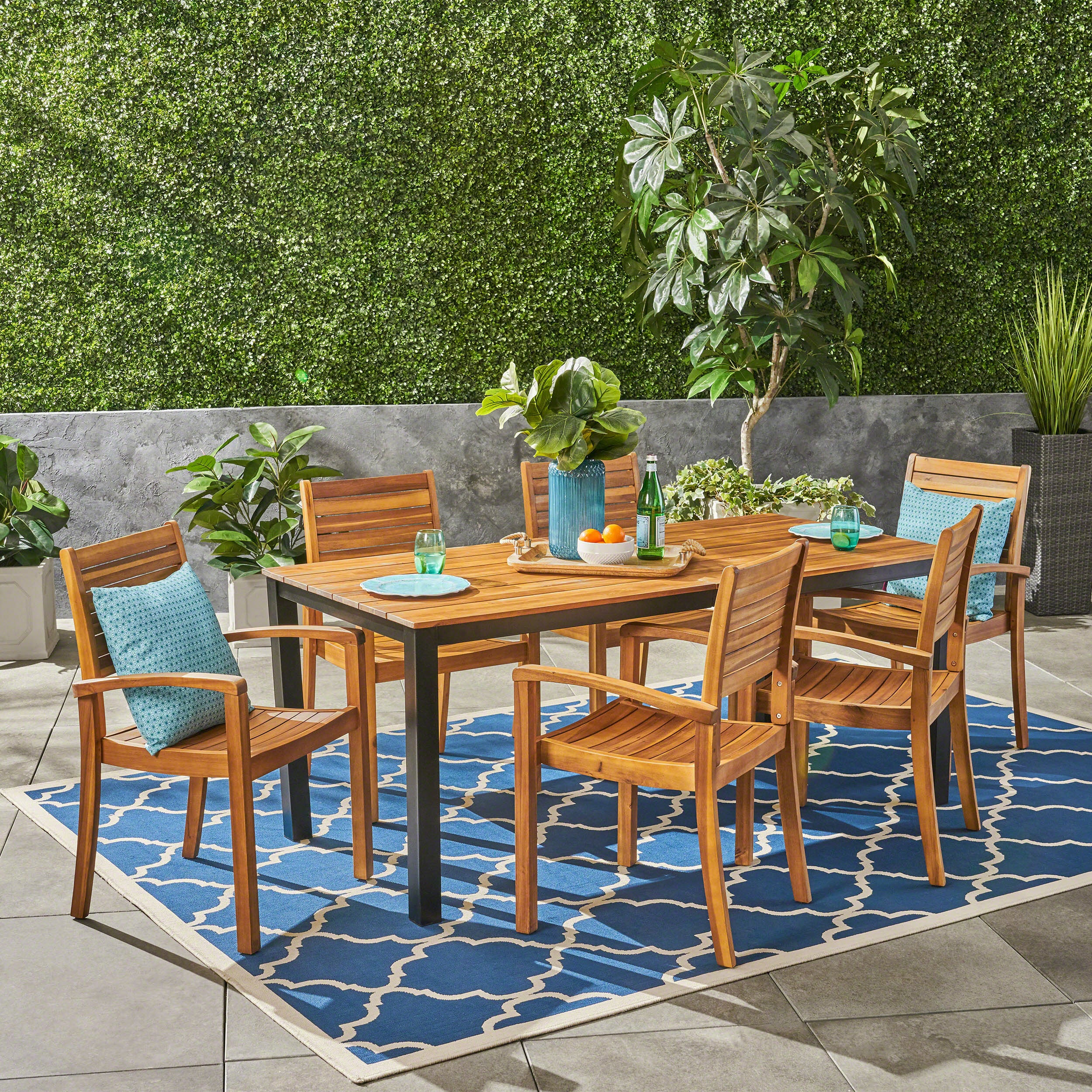 Ryan Outdoor 6-Seater Rectangular Acacia Wood Dining Set, Teak Finish - furnishings
