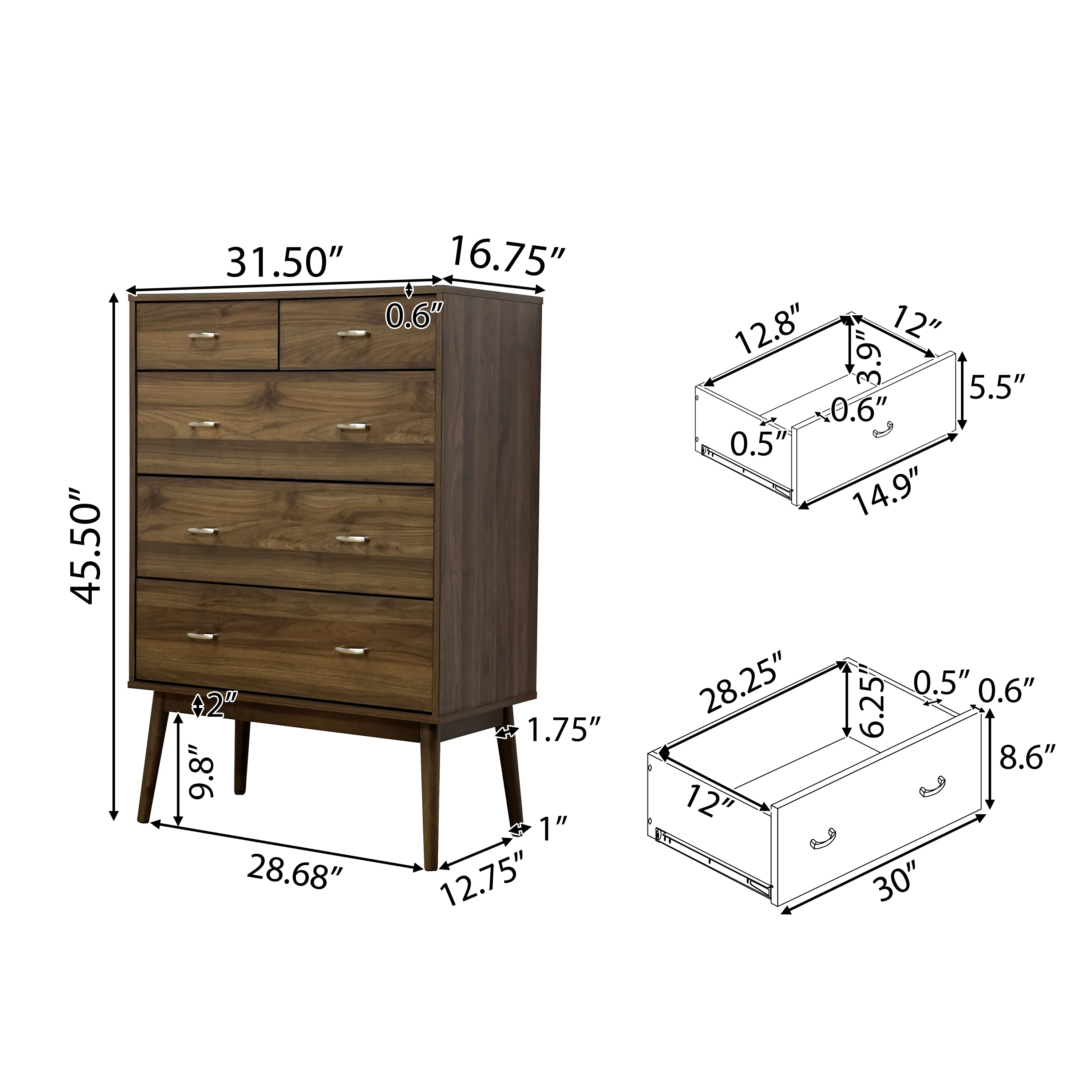 Wilbur Mid Century Modern Wooden 5 Drawer Dresser - furnishings