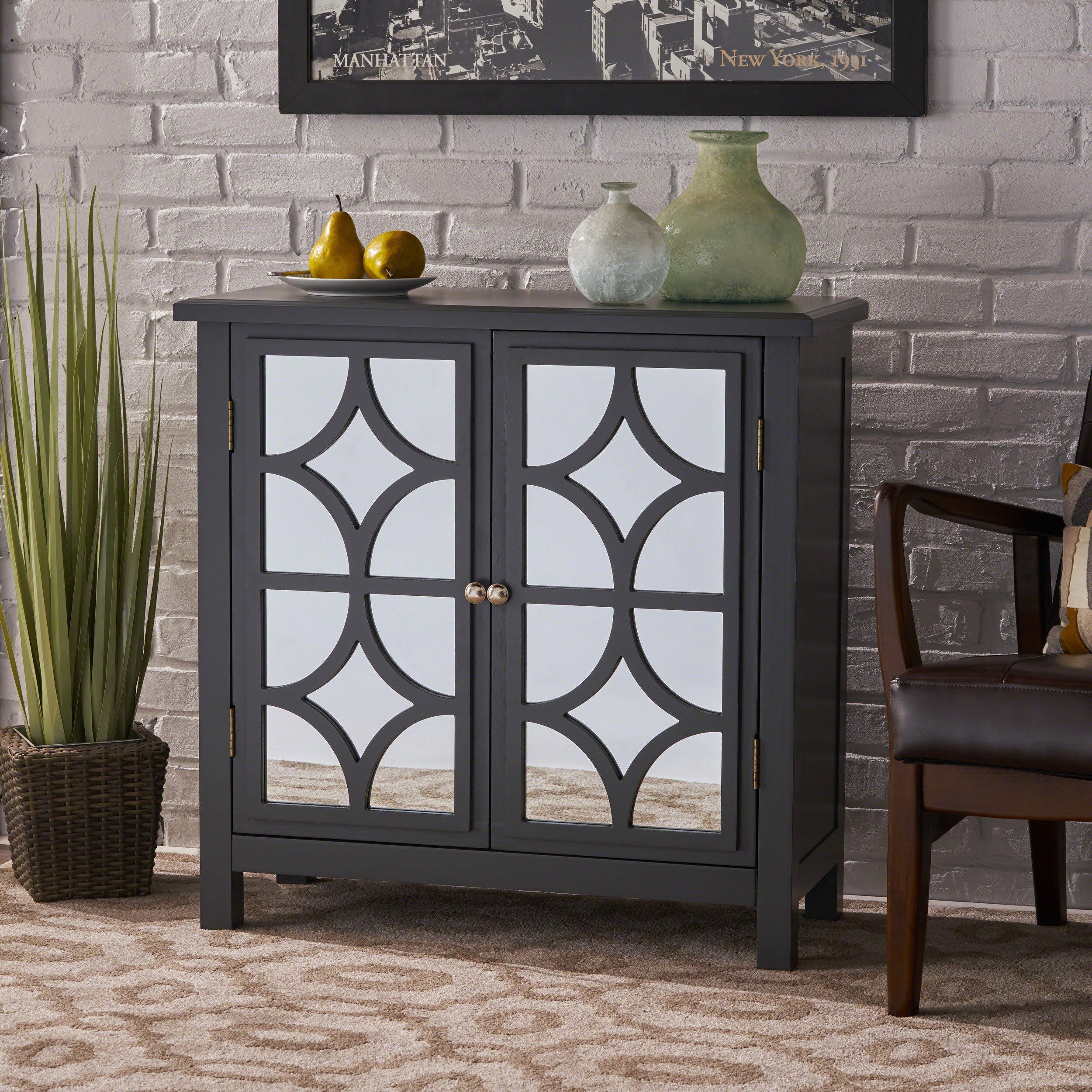 Melee Fir Wood Double Door Cabinet With Mirrored Accents, Charocal Gray - furnishings