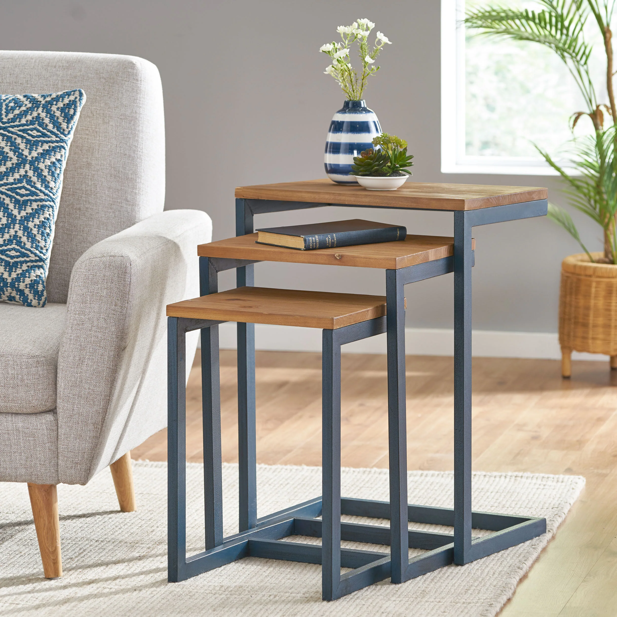 Kacha Modern Rectangular Antique Firwood Nesting Tables with Iron Frames - furnishings