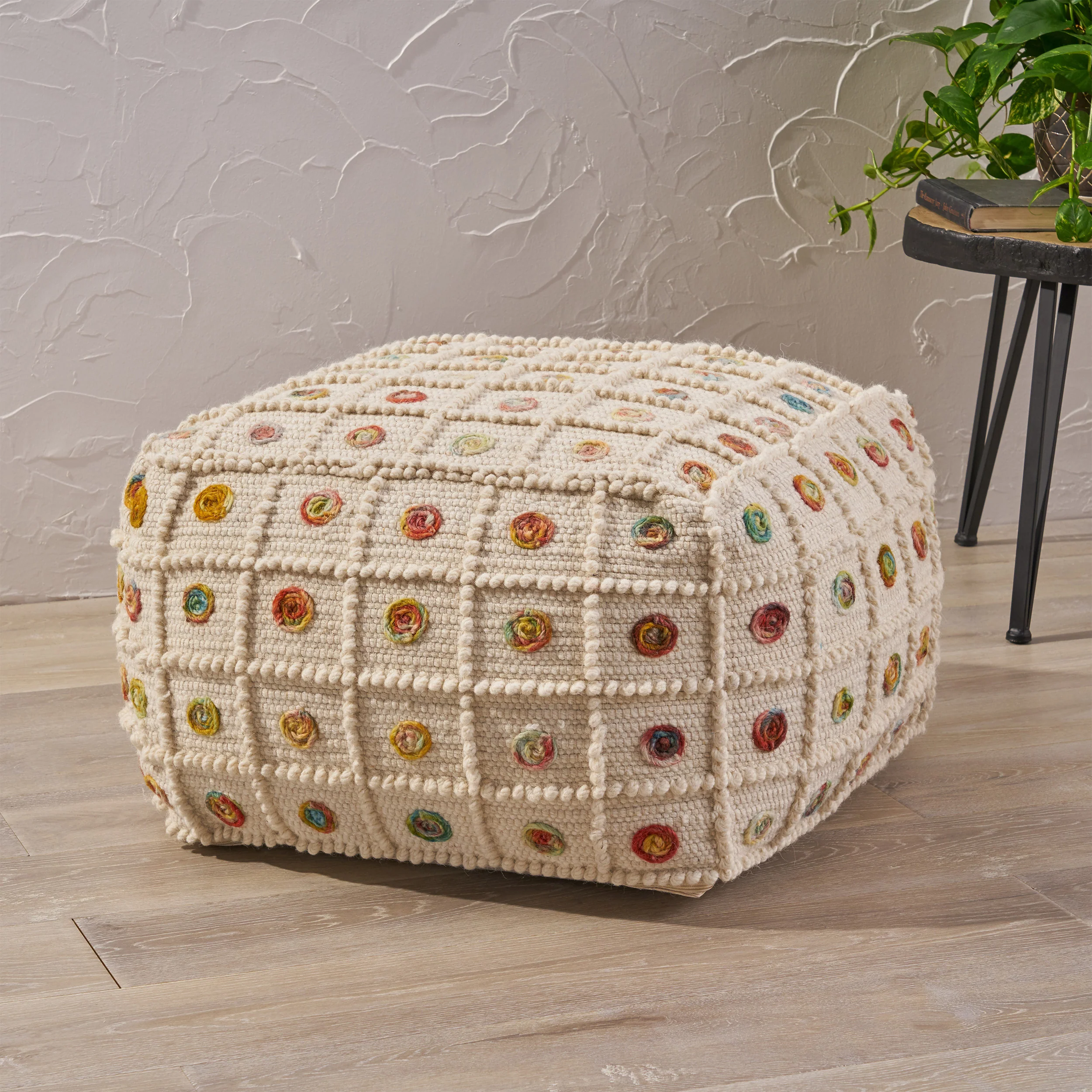 Jaceyon Boho Wool and Cotton Ottoman Pouf - furnishings