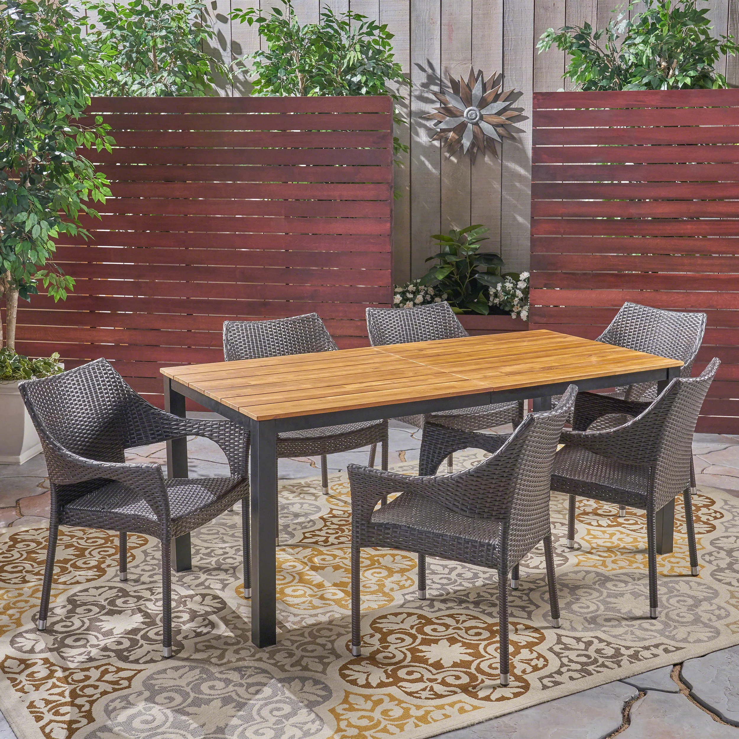 Amberlynn Outdoor 7 Piece Acacia Wood Dining Set with Stacking Wicker Chairs, Teak and Multi Brown - furnishings