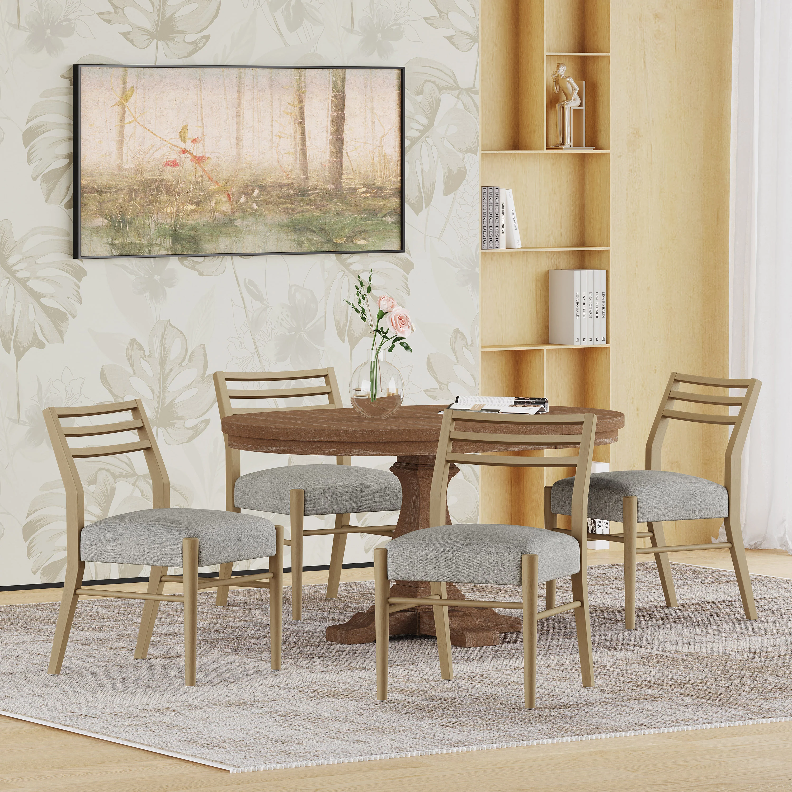 Alachua Farmhouse Fabric Upholstered Wood Expandable 5 Piece Dining Set - furnishings