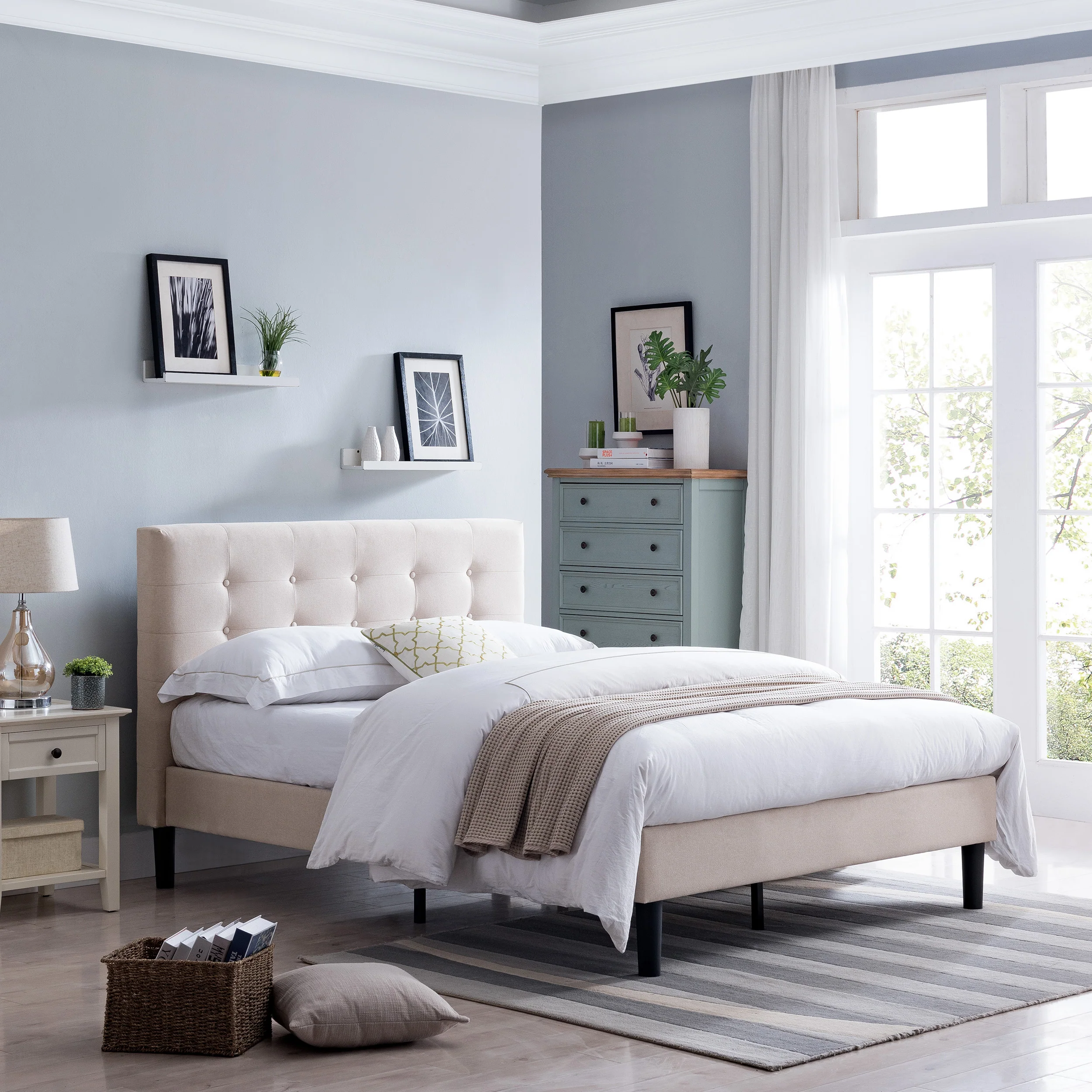 Gloria Fully-Upholstered Queen-Size Platform Bed Frame, Modern, Contemporary, Low-Profile - furnishings