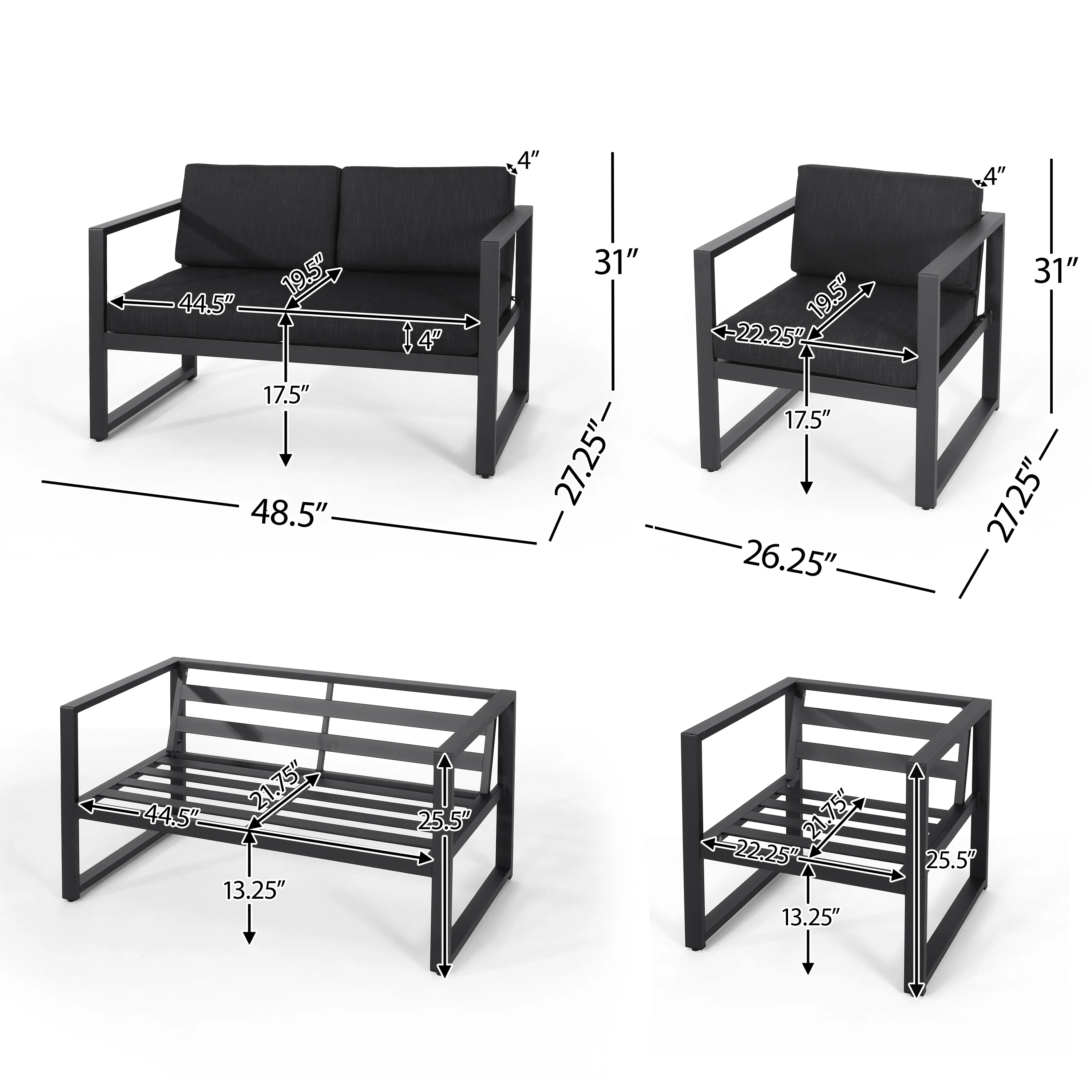 Navan Outdoor 4 Seater Aluminum Chat Set, Silver with Dark Grey Cushions - furnishings