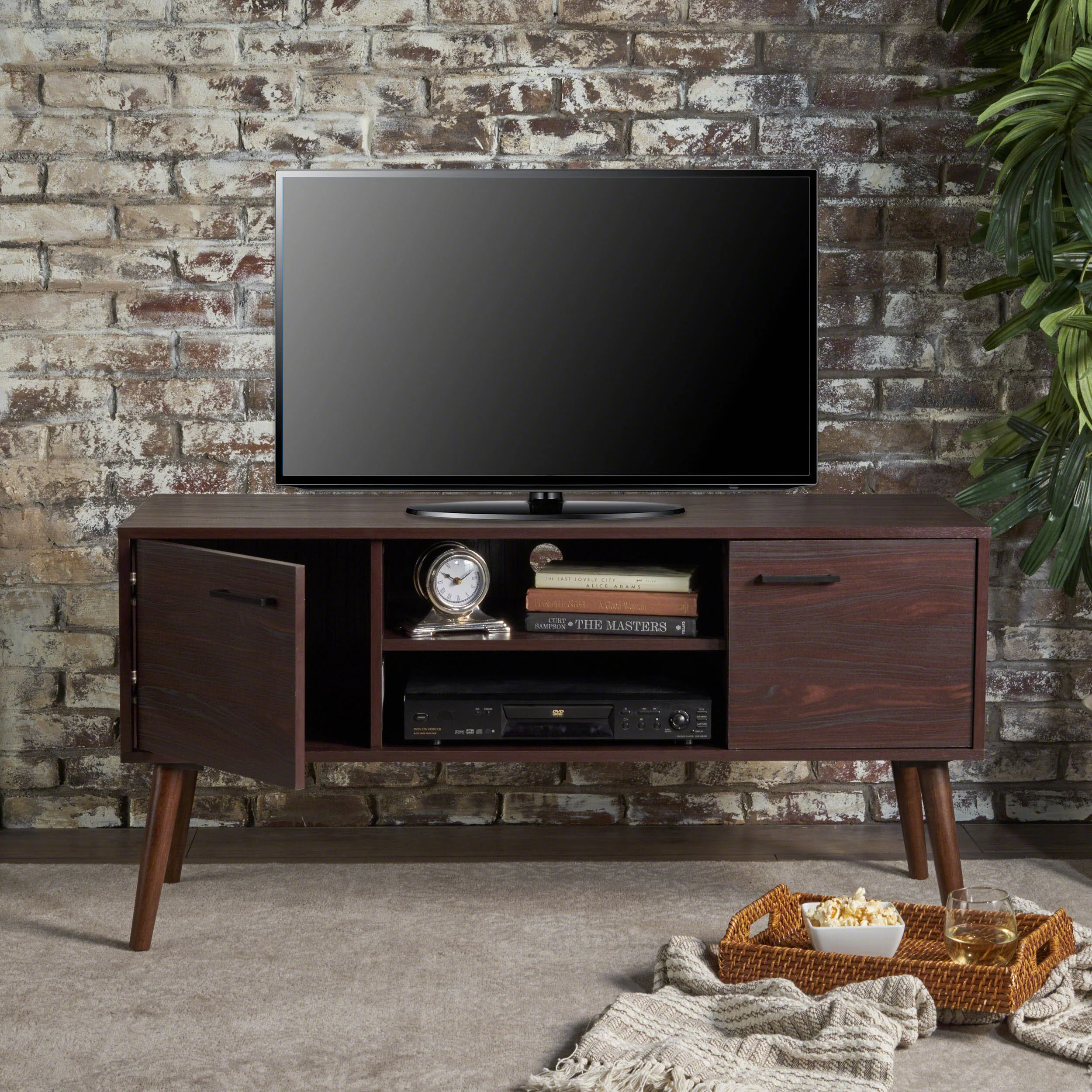 Amal Mid Century Modern 2 Cabinets & Shelves TV Stand - furnishings