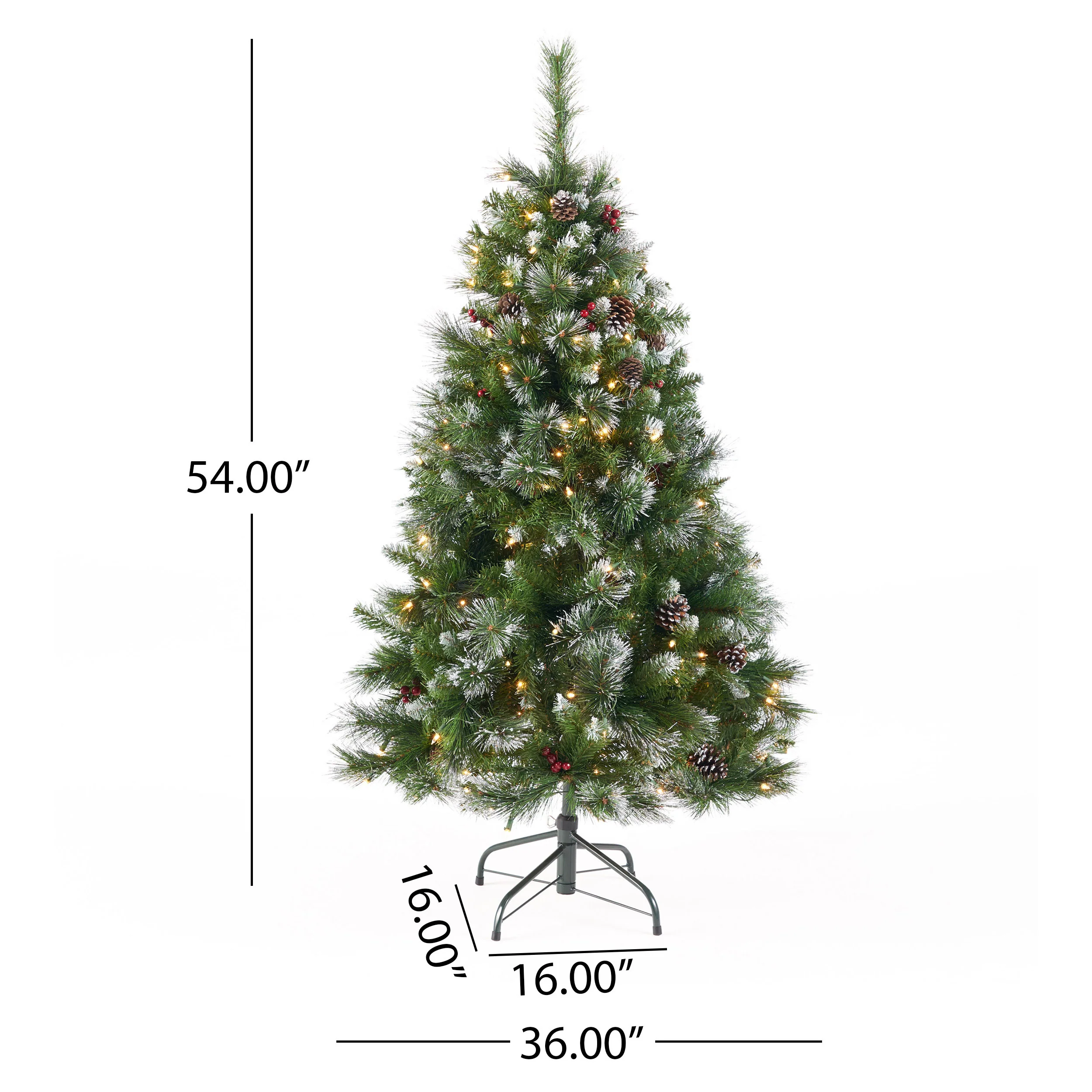 4.5-foot Mixed Spruce Hinged Artificial Christmas Tree with Glitter Branches, Red Berries, and Pinecones - furnbro