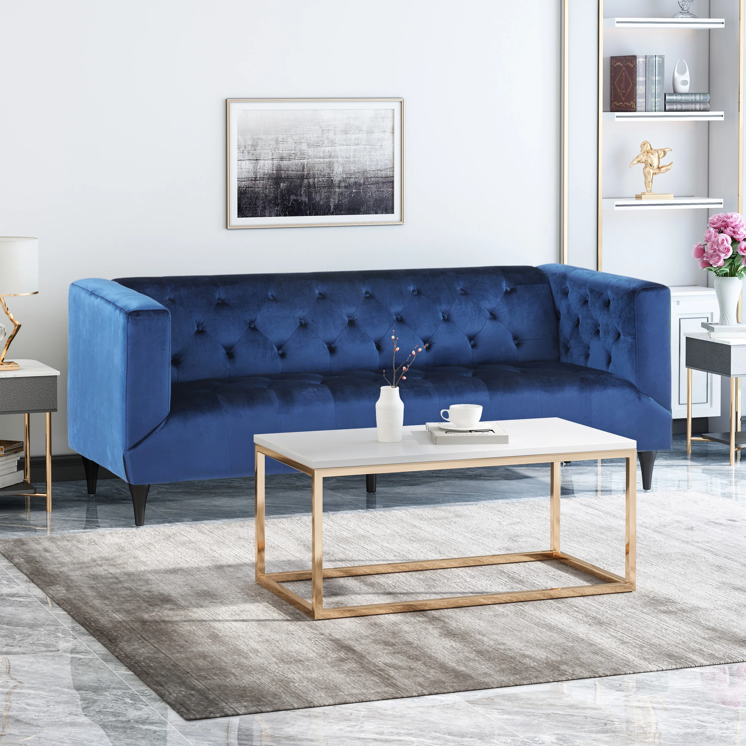 Alura Velvet Upholstered Tufted 3 Seater Sofa - furnishings