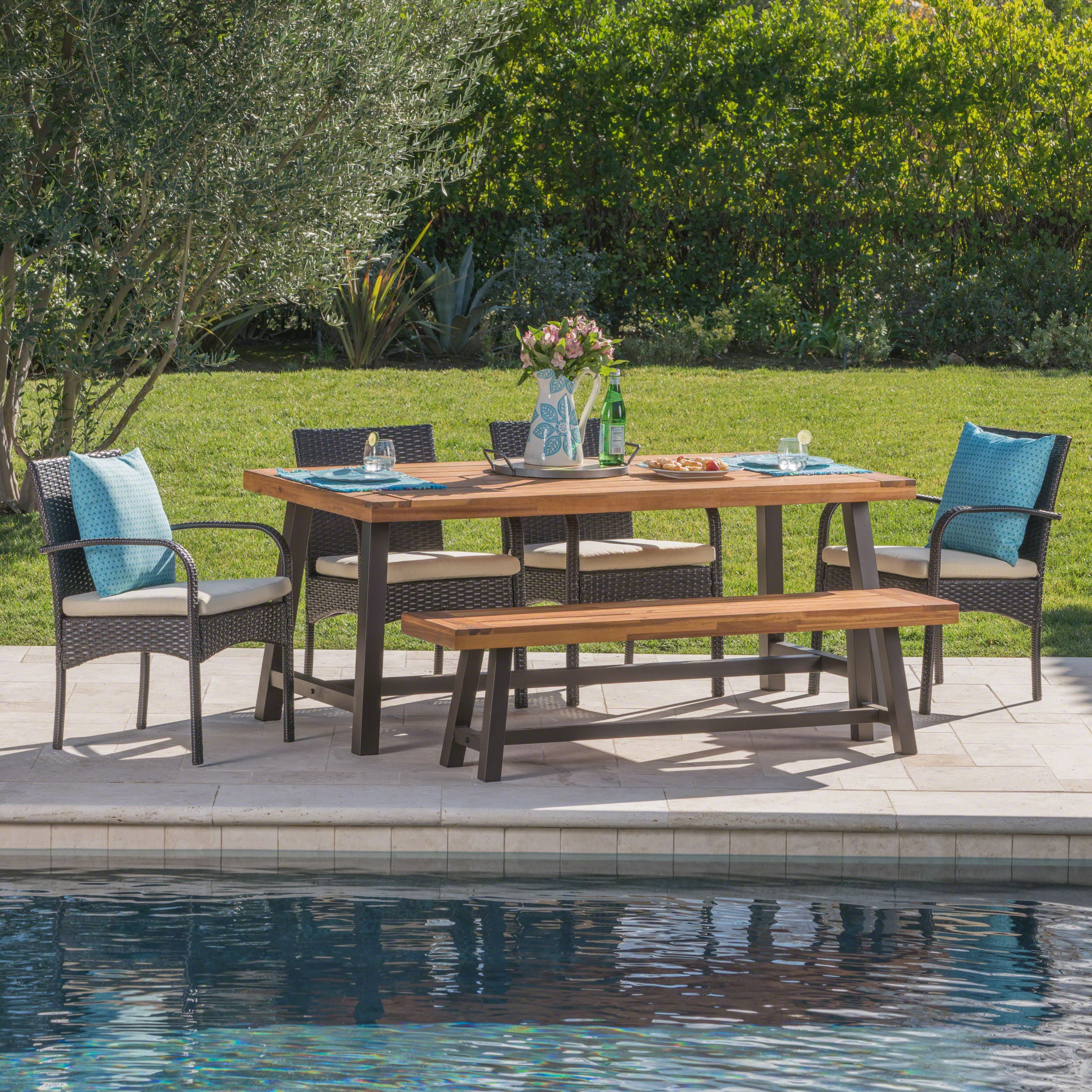 Fawm Outdoor 6 Piece Iron and Wood Dining Set with 4 Wicker Dining Chairs - furnishings