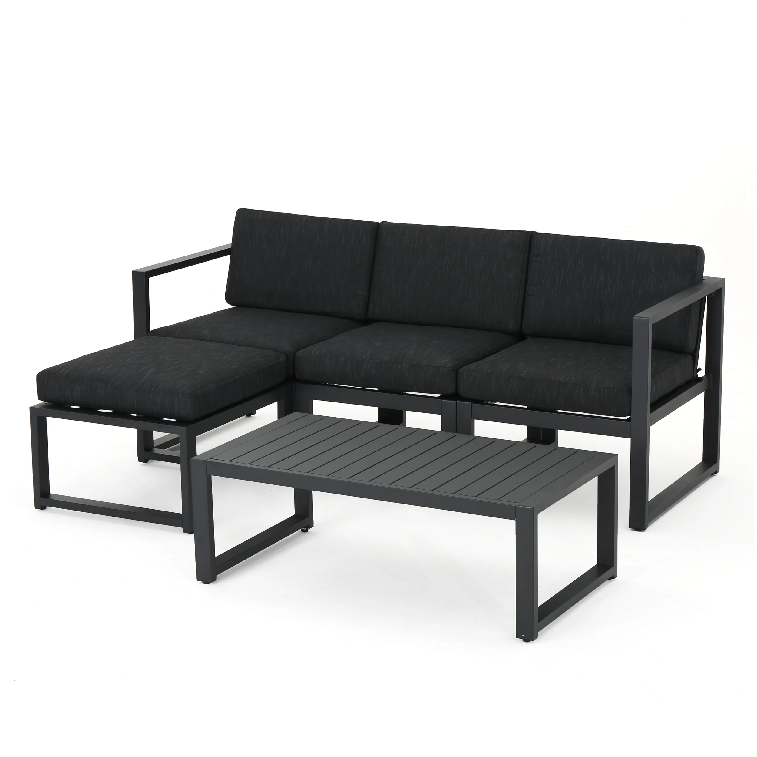 Nealie Modern Outdoor Dark Gray Aluminum Sectional Sofa Set with Black Cushions - furnishings