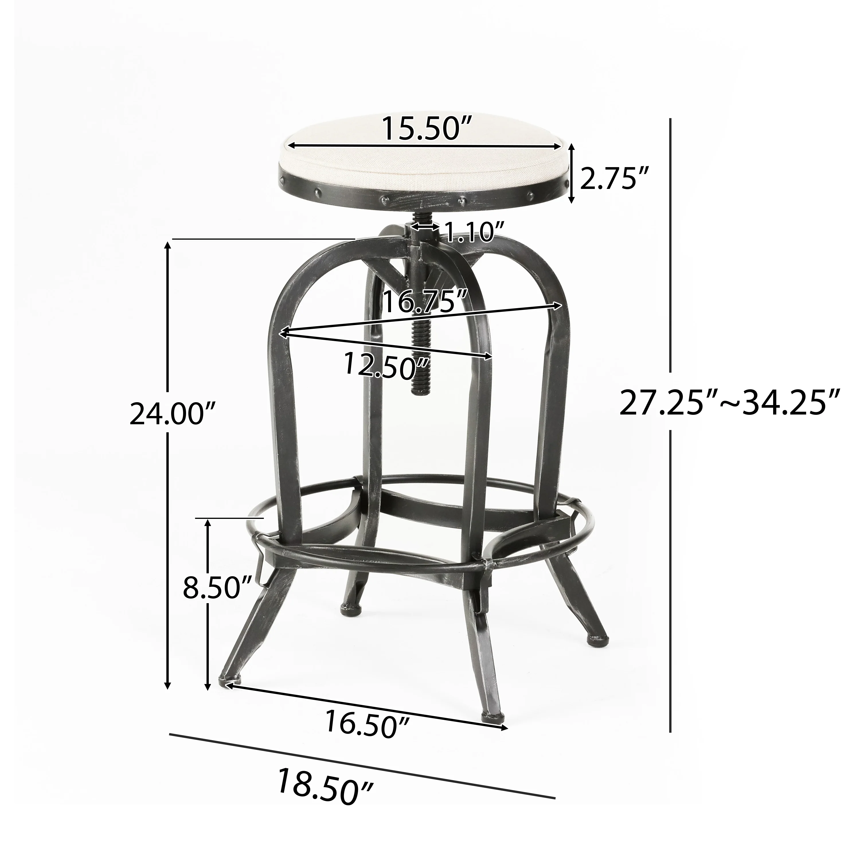 Brixton Industrial Design Adjustable Swivel Iron Bar Stool in Beige Linen - furnishings