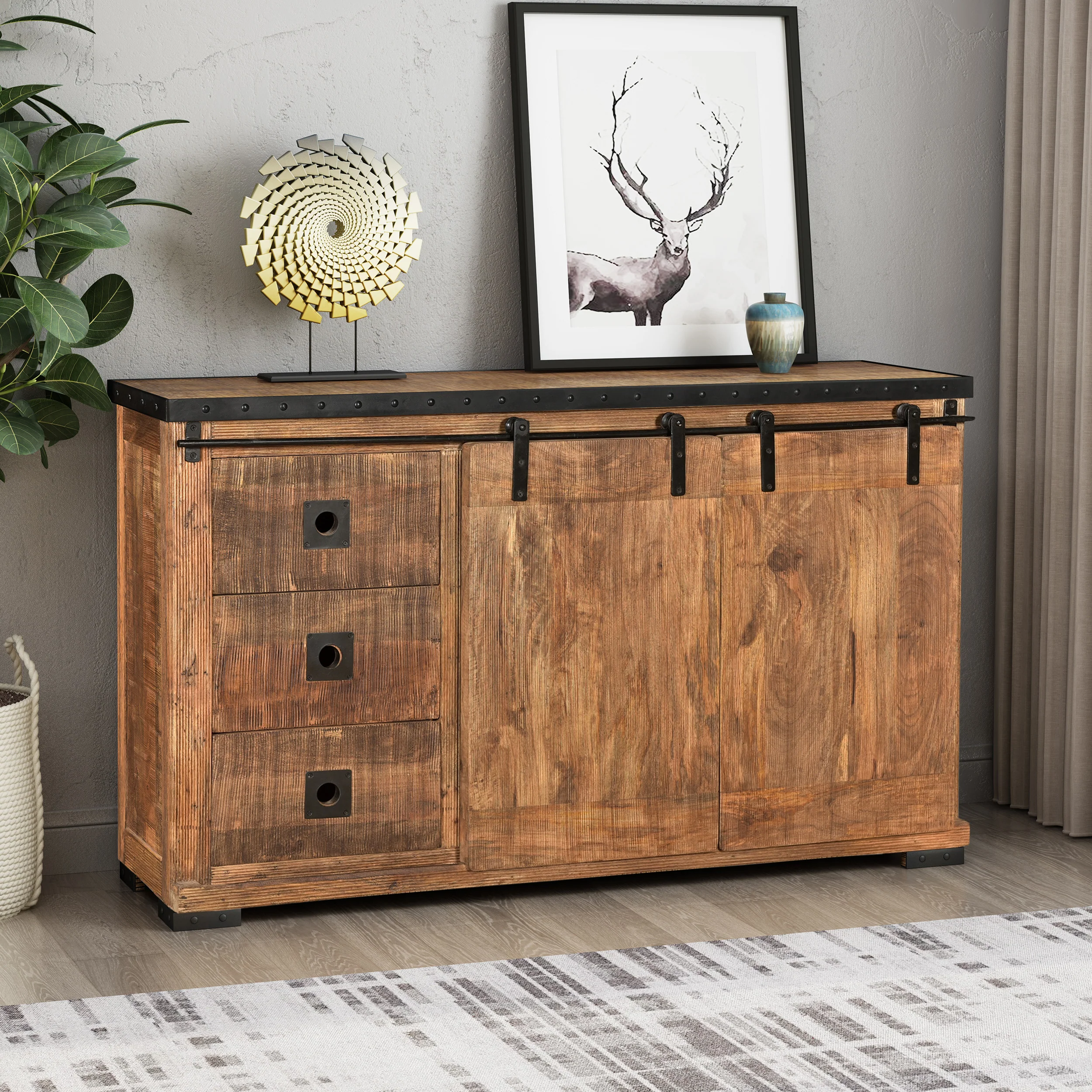 Phoebe Modern Industrial Mango Wood Sideboard, Natural Finish and Black - furnishings