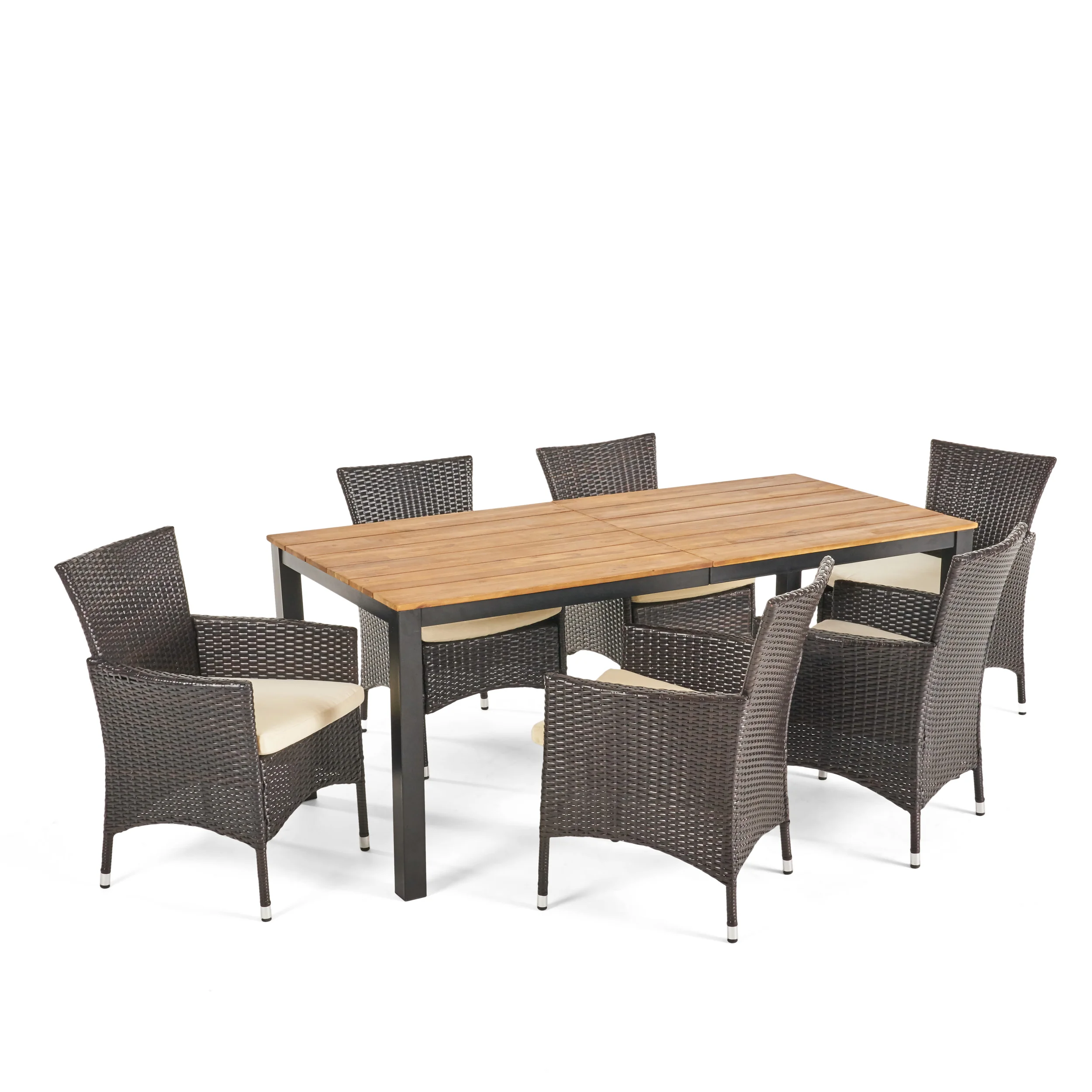 Teresa Outdoor 7 Piece Acacia Wood Dining Set with Wicker Chairs - furnishings
