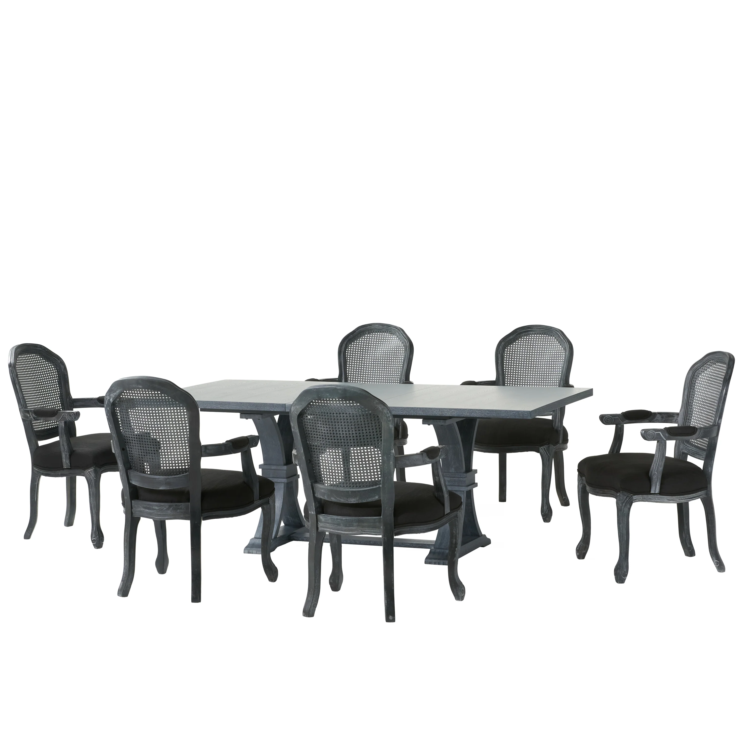 Mariette French Country Fabric Upholstered Wood and Cane 7 Piece Expandable Dining Set - furnishings
