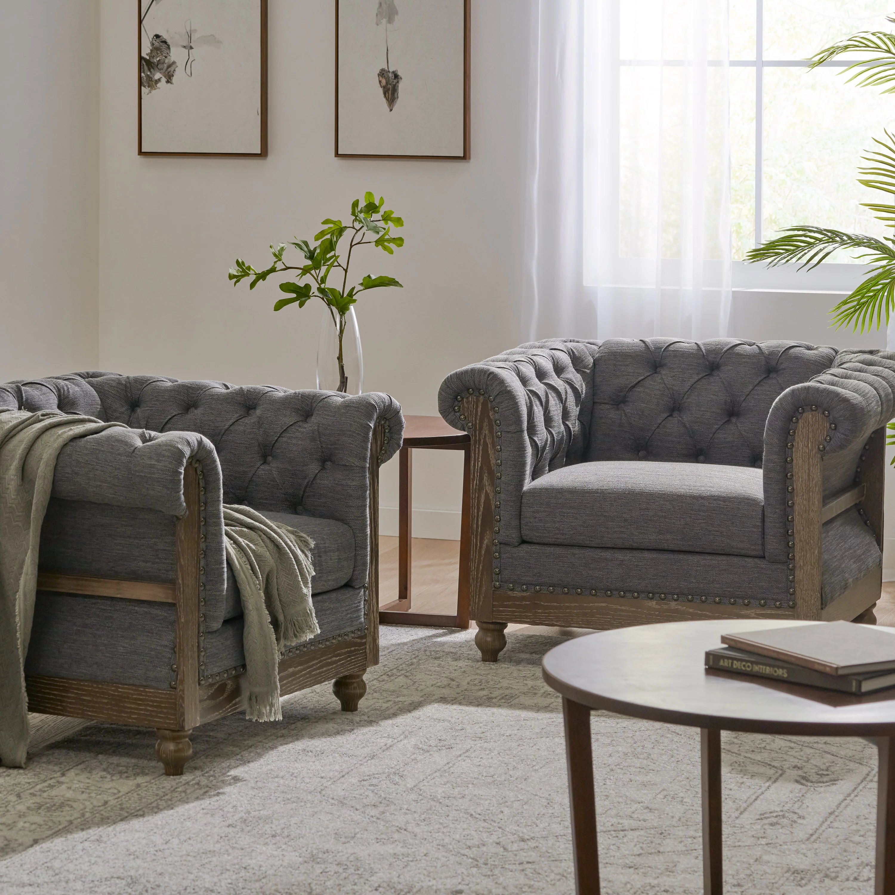 Alejandro Chesterfield Tufted Fabric Club Chairs with Nailhead Trim, Set of 2 - furnishings