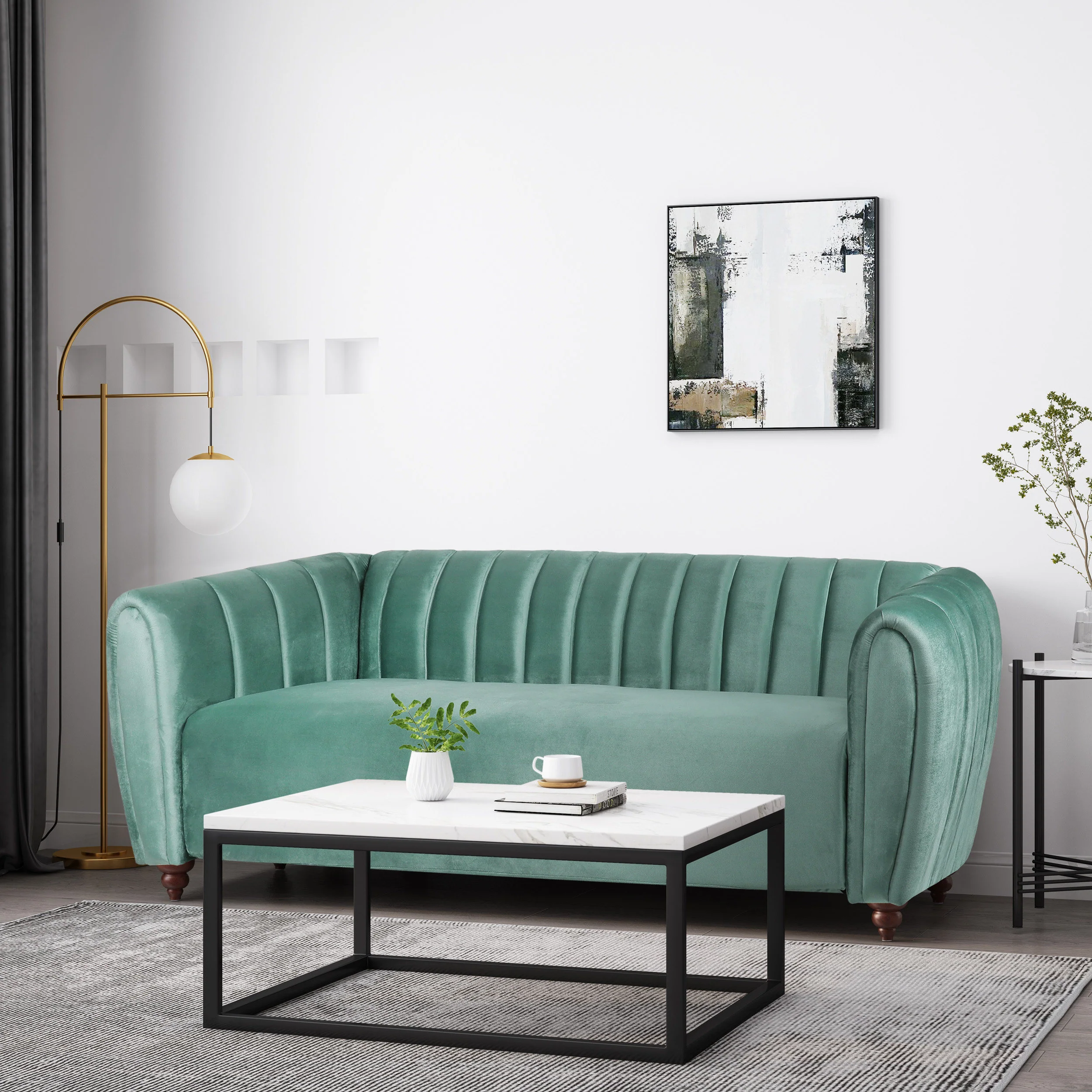 Worden Modern Glam Velvet Channel Stitch 3 Seater Sofa - furnishings