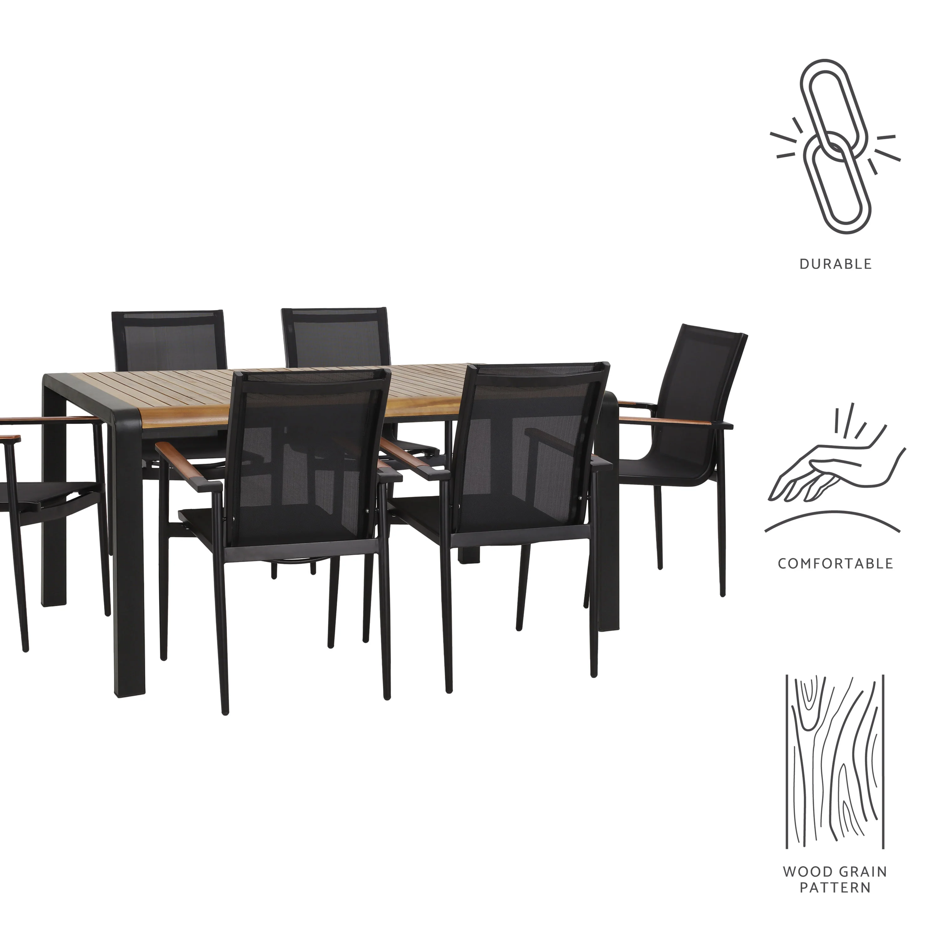 Naop Outdoor Mesh and Acacia Wood 7 Piece Dining Set, Black and Teak - furnishings