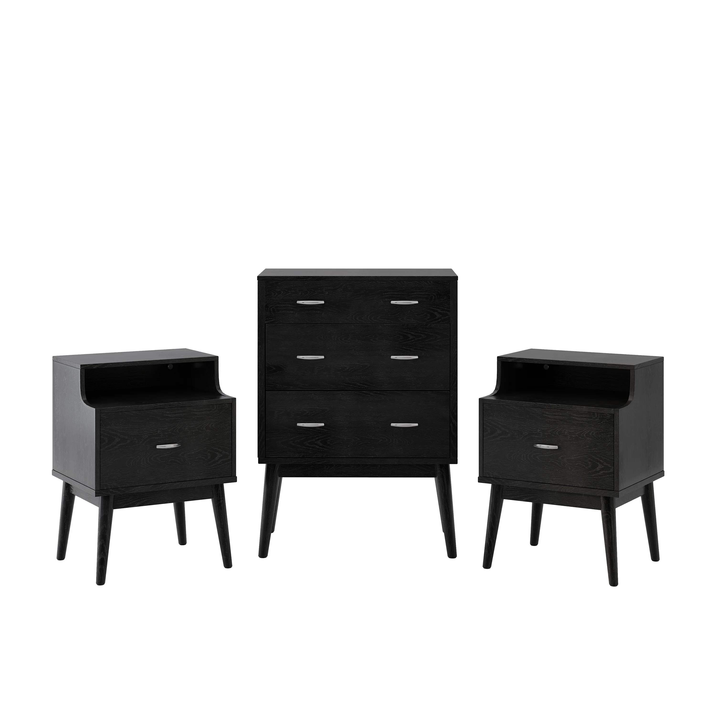 Wilbur Mid Century Wooden 3 Piece 3 Drawer Dresser and Nightstand Bedroom Set - furnishings