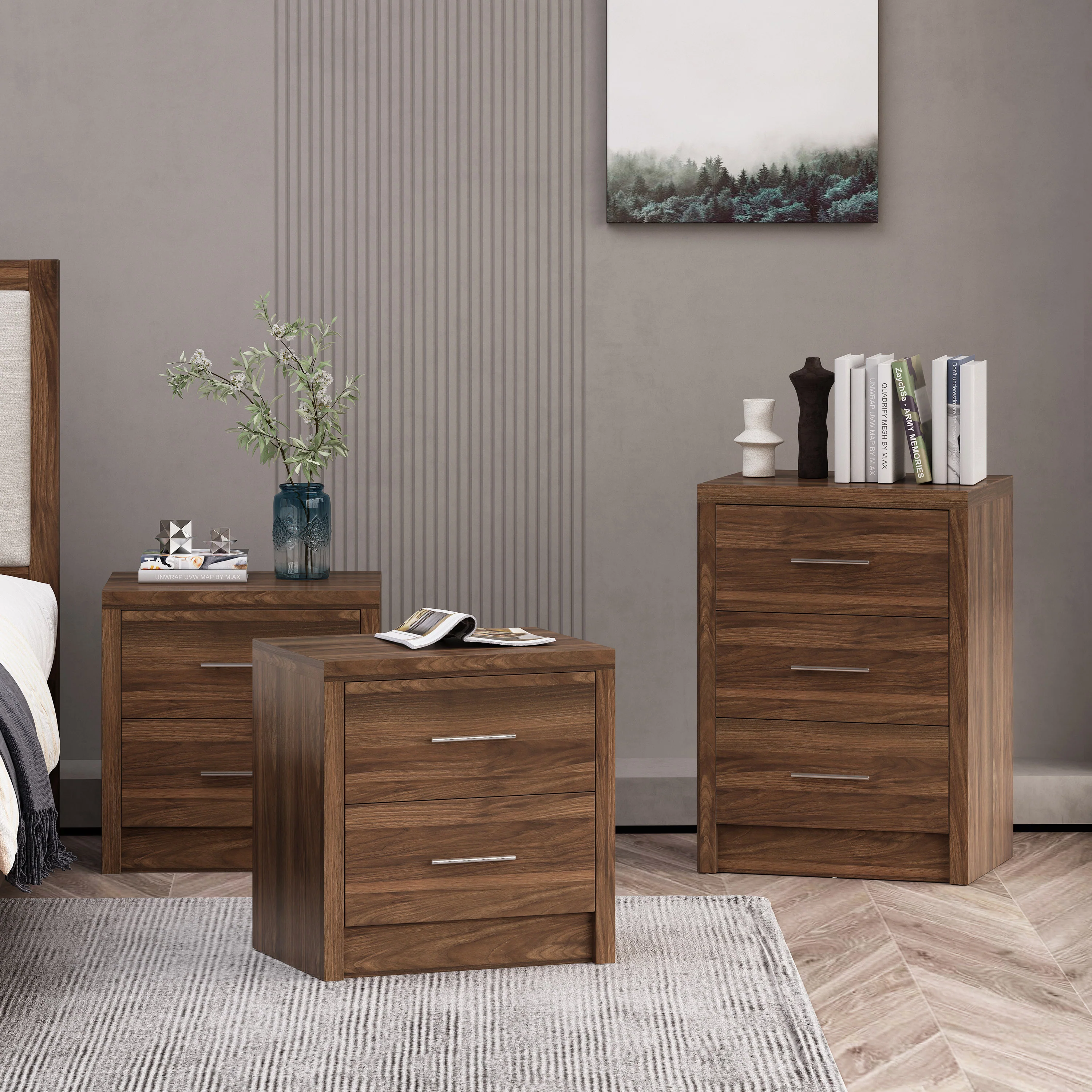 Marlette Modern 3 Piece 3 Drawer Dresser and Nightstand Bedroom Set - furnishings