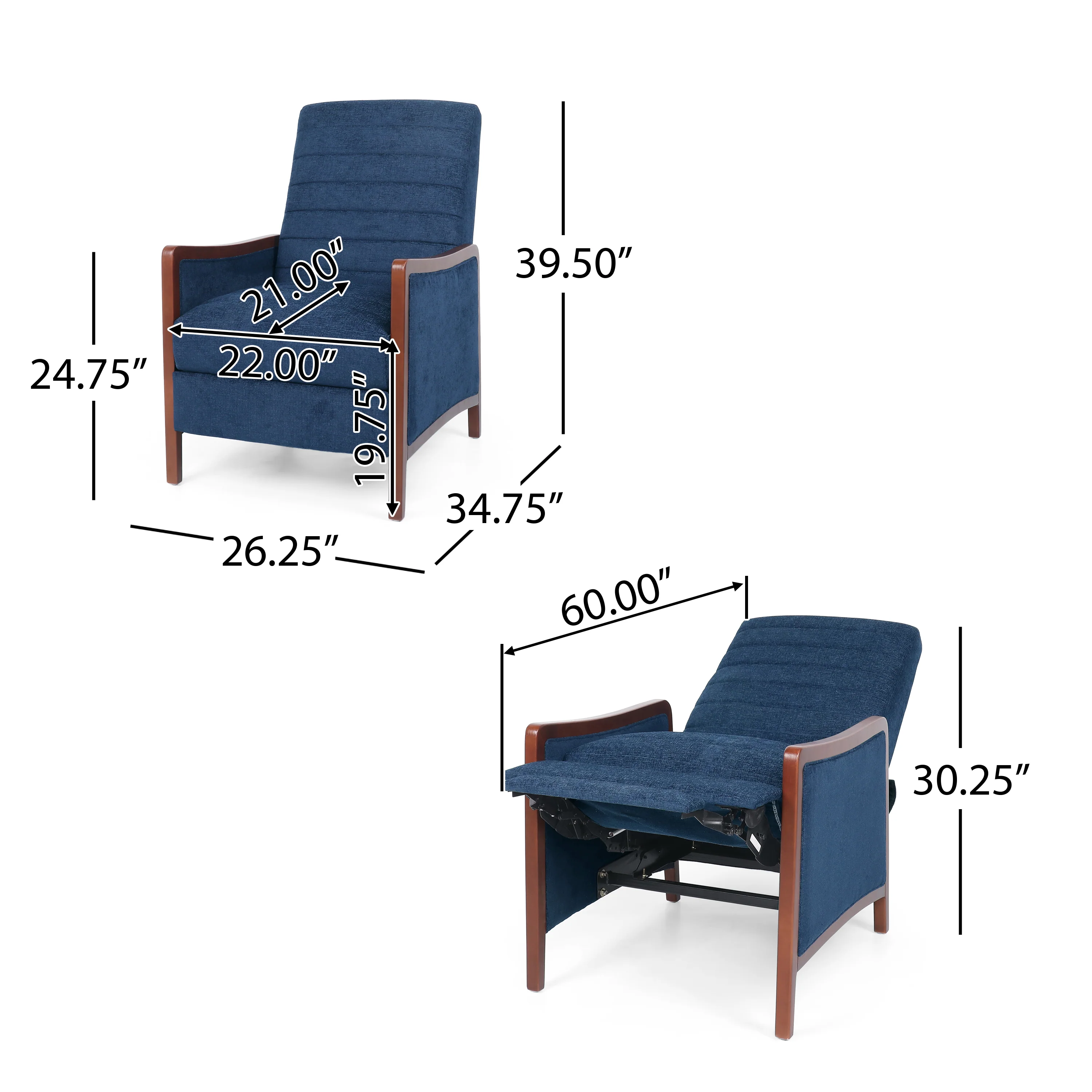 Mendota Mid Century Modern Fabric Channel Stitch Wood Pushback Recliner - furnishings