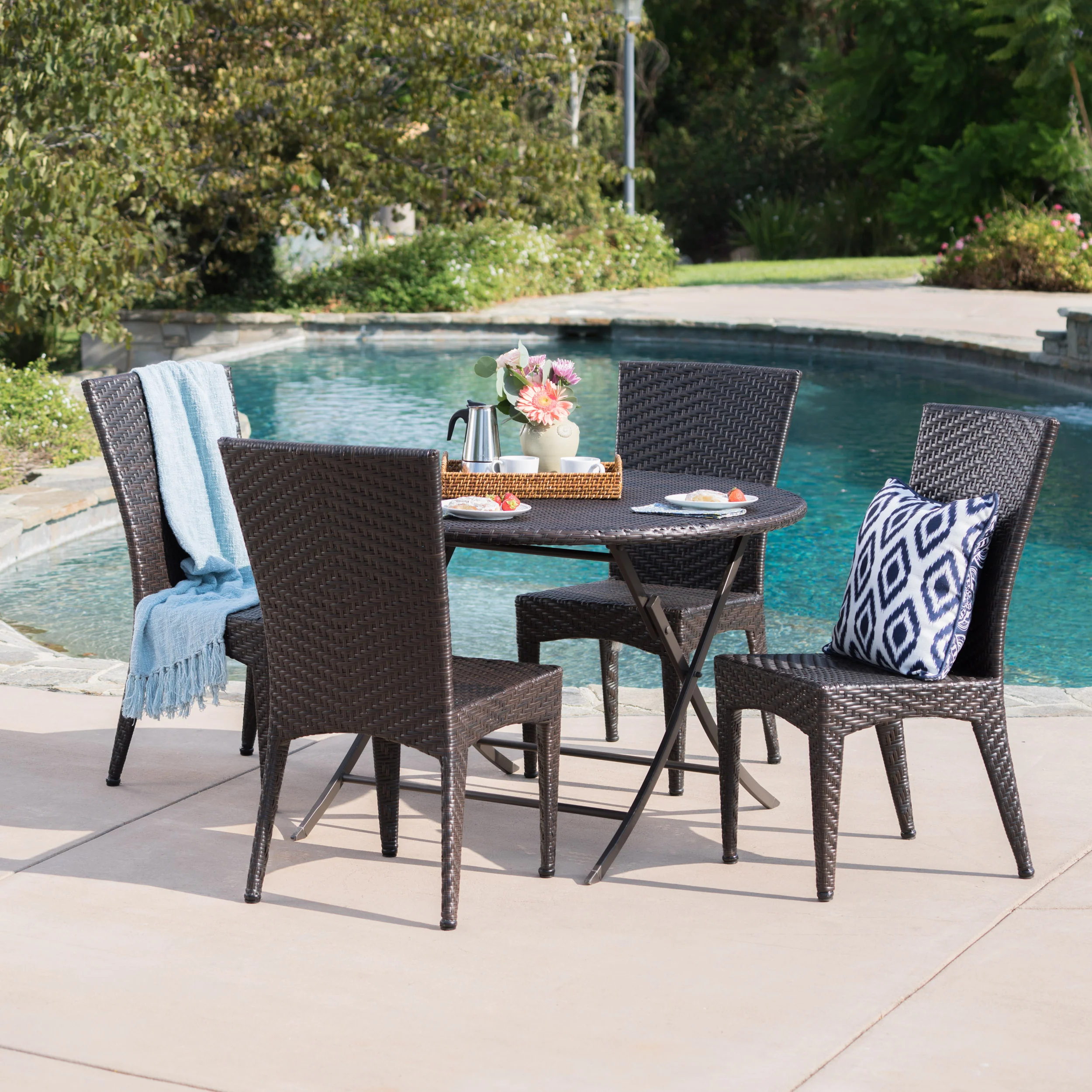 Abbey Outdoor 5 Piece Multi-Brown Wicker Dining Set with Foldable Table - furnishings