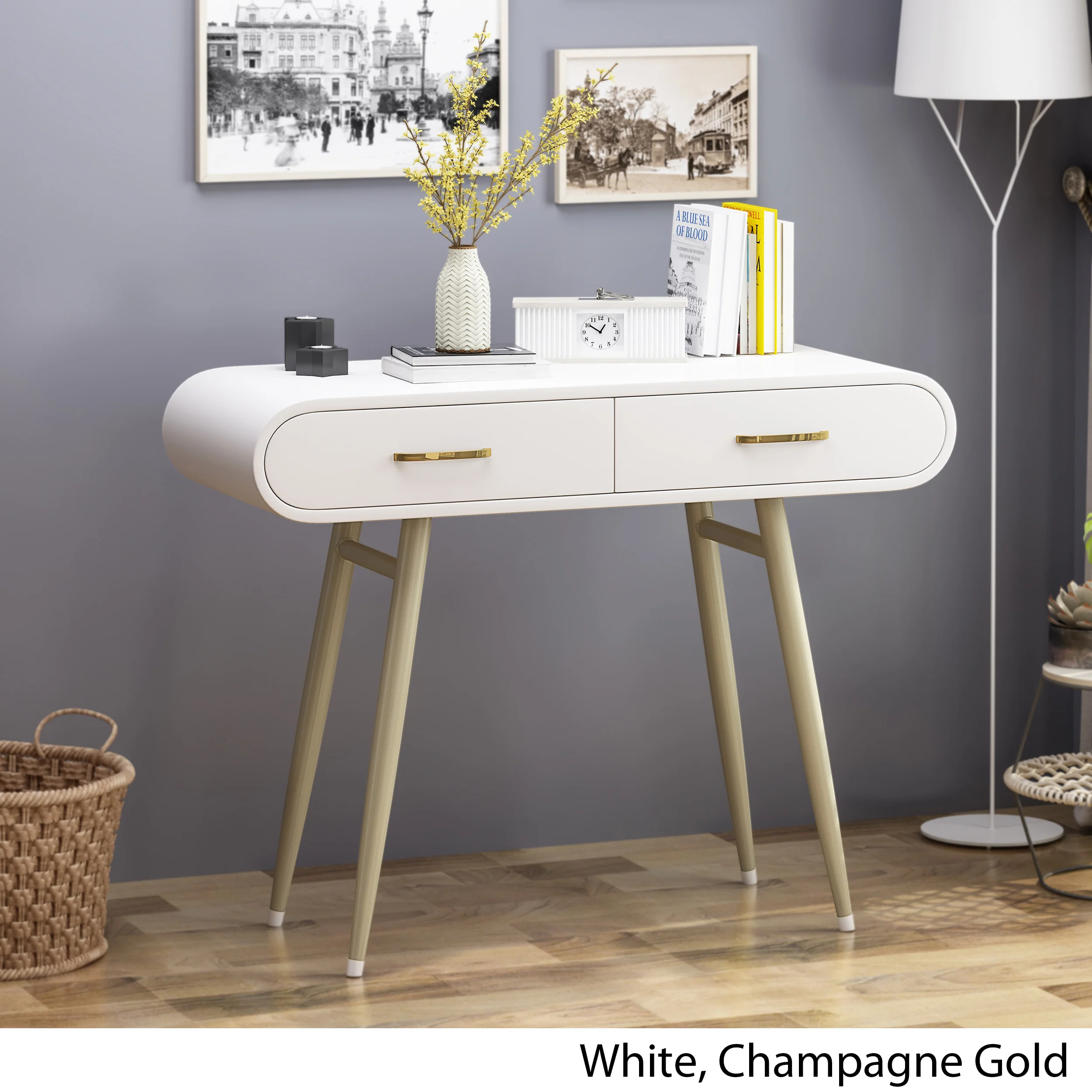 Nola Modern Faux Wood Vanity Table, White and Champagne Gold - furnishings