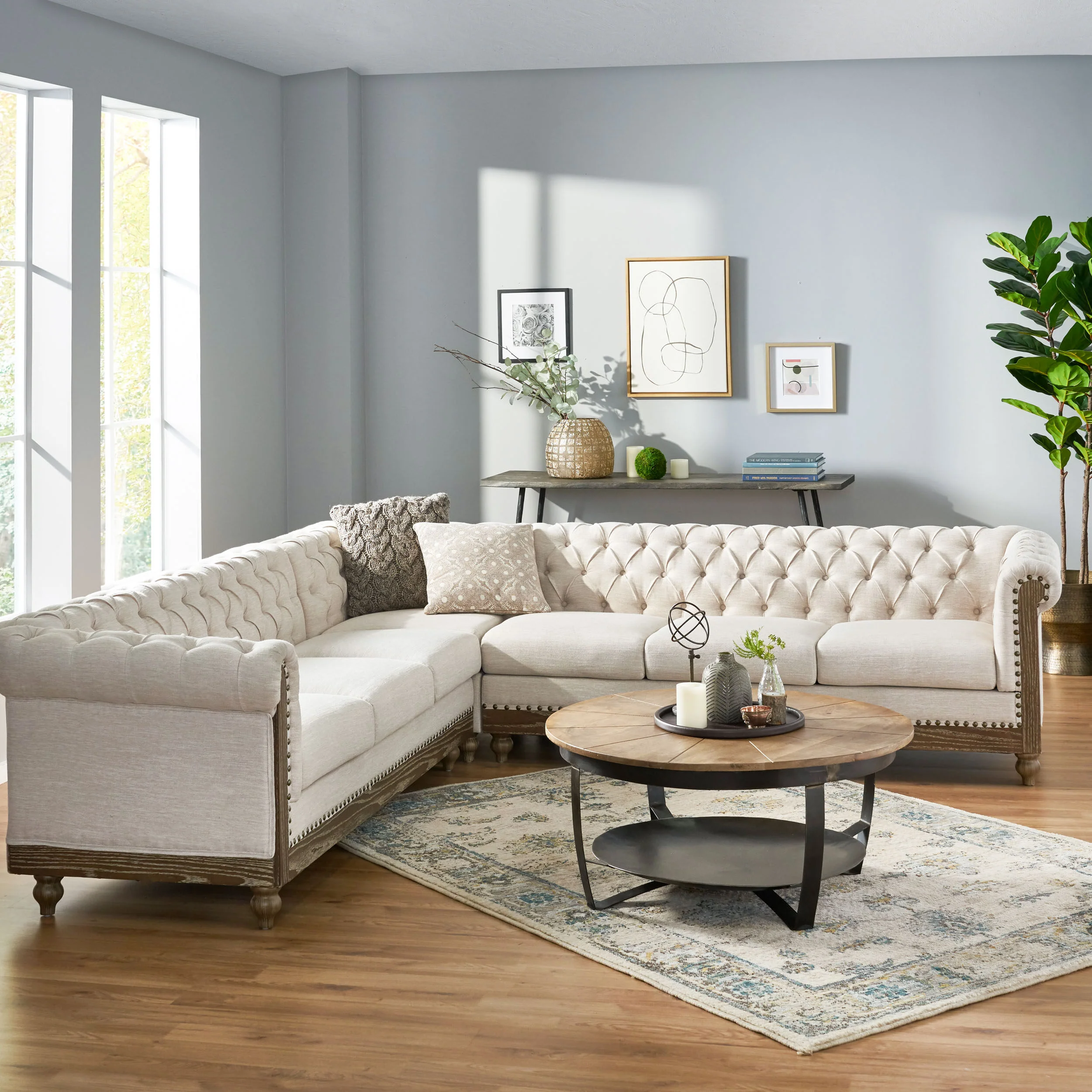 Kinzie Chesterfield Tufted 7 Seater Sectional Sofa with Nailhead Trim - furnishings
