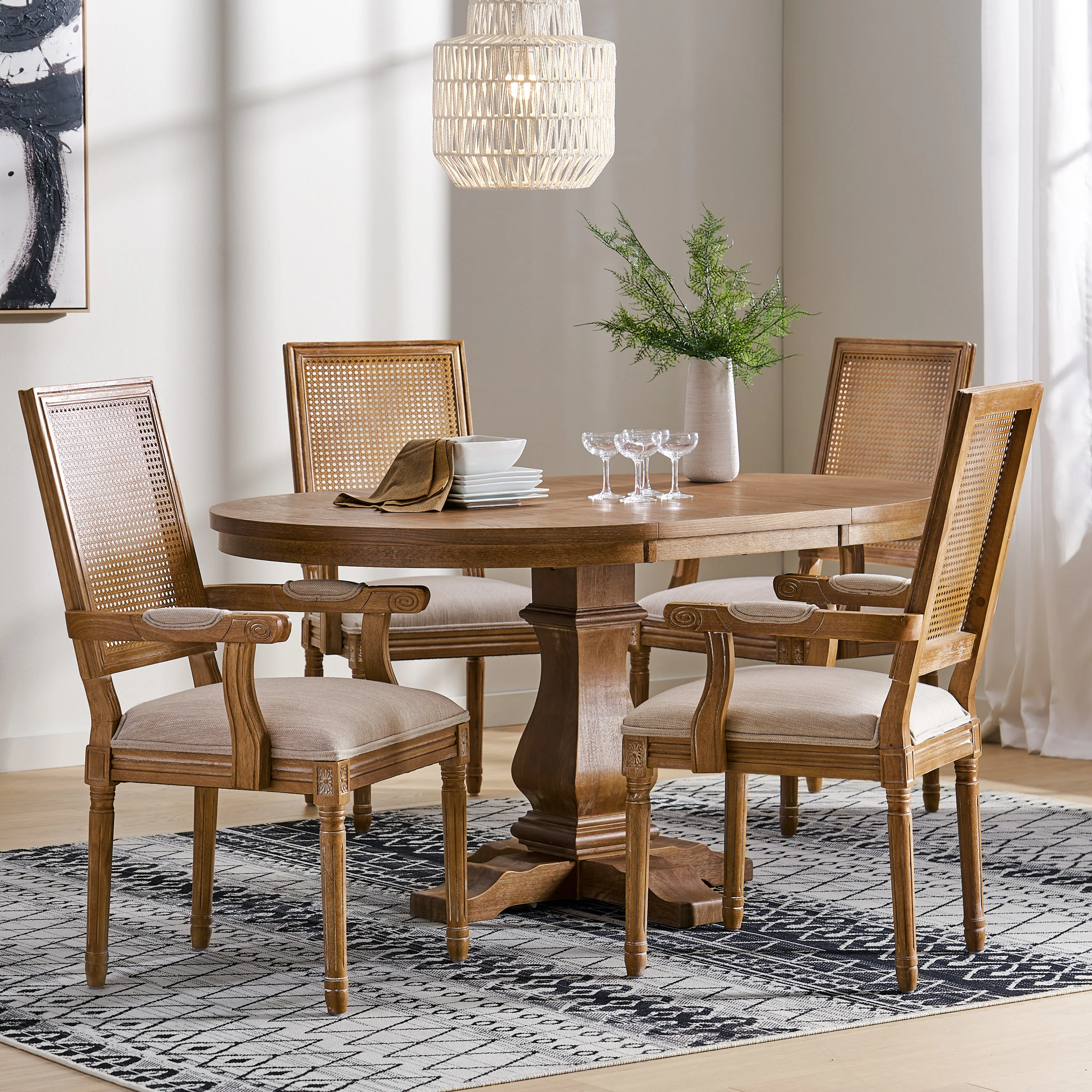Zentner French Country Fabric Upholstered Wood and Cane 5 Piece Expandable Dining Set - furnishings