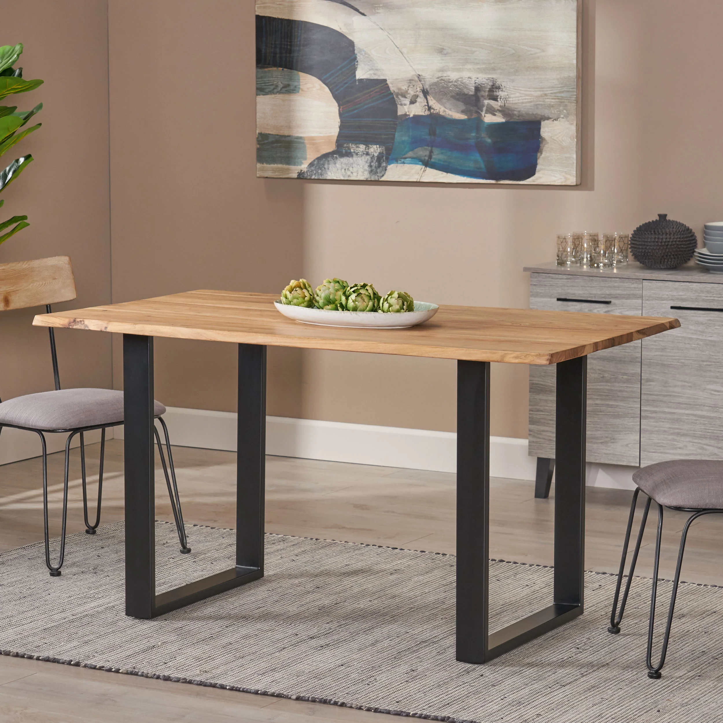 Pullen Modern Industrial Acacia Wood and Iron Dining Table, Natural and Black - furnishings