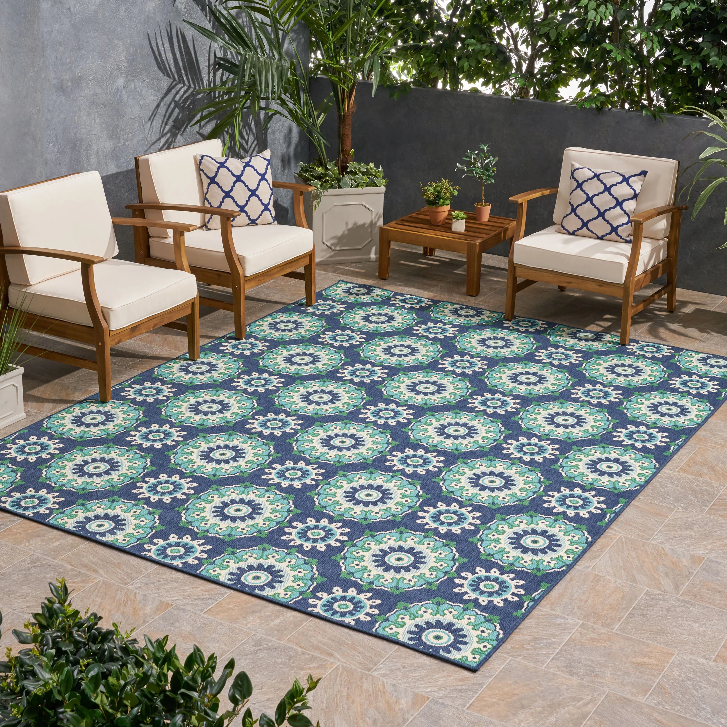 Arlene Outdoor Medallion Area Rug, Navy and Green - furnishings