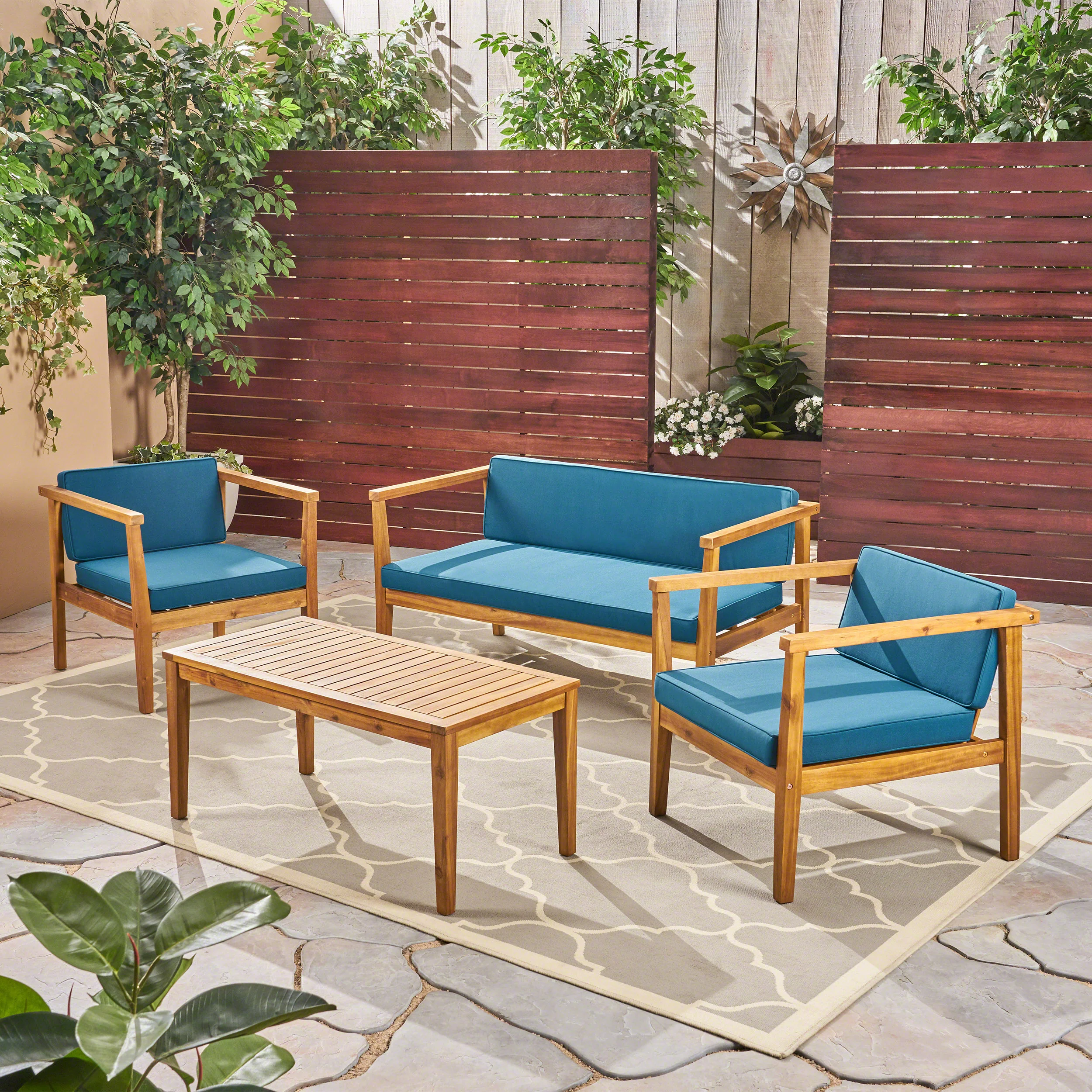 Maddox Outdoor 4-Seater Acacia Wood Chat Set with Coffee Table - furnishings
