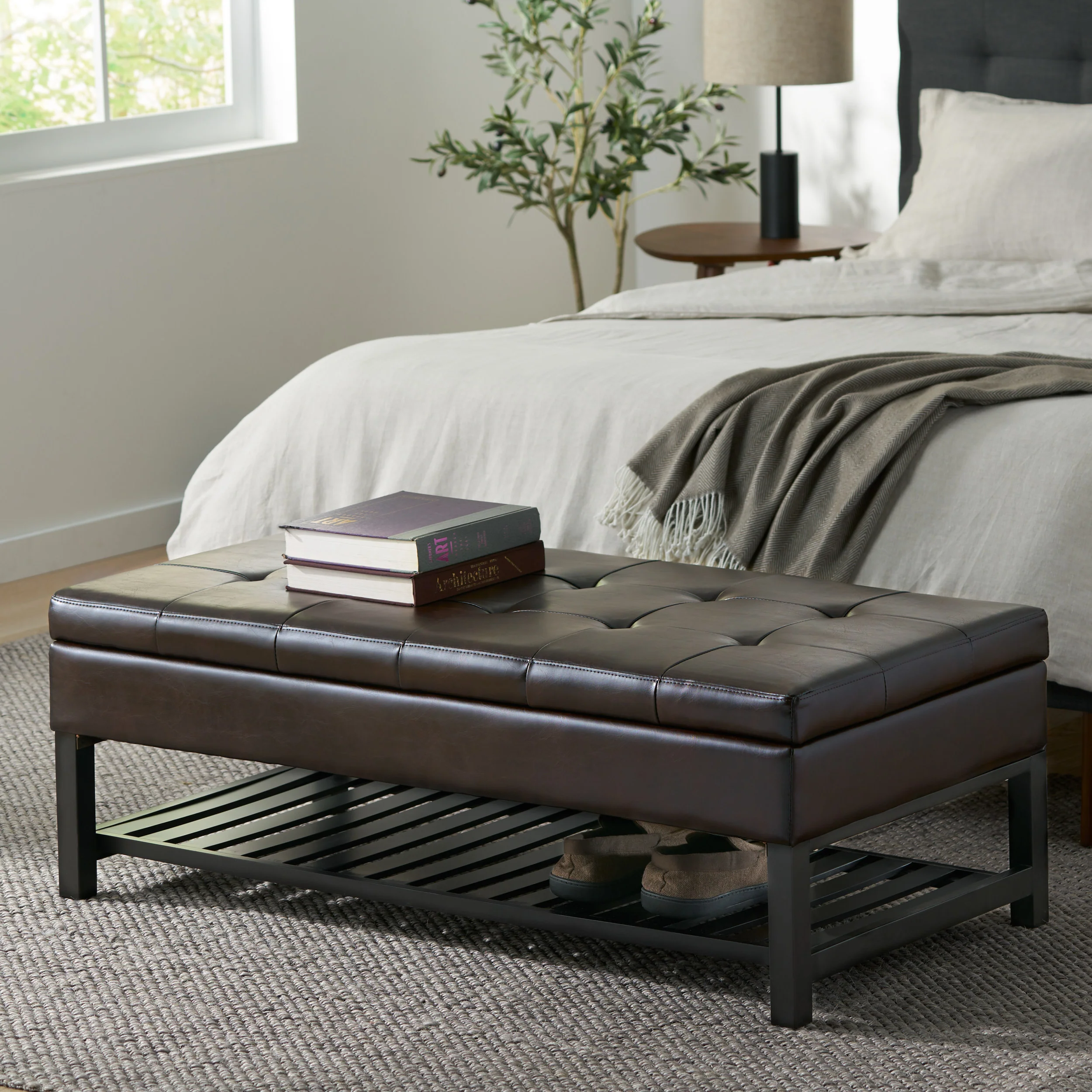 Felix Brown Wood Rectangle Storage Ottoman Coffee Table With Bottom Rack - furnishings