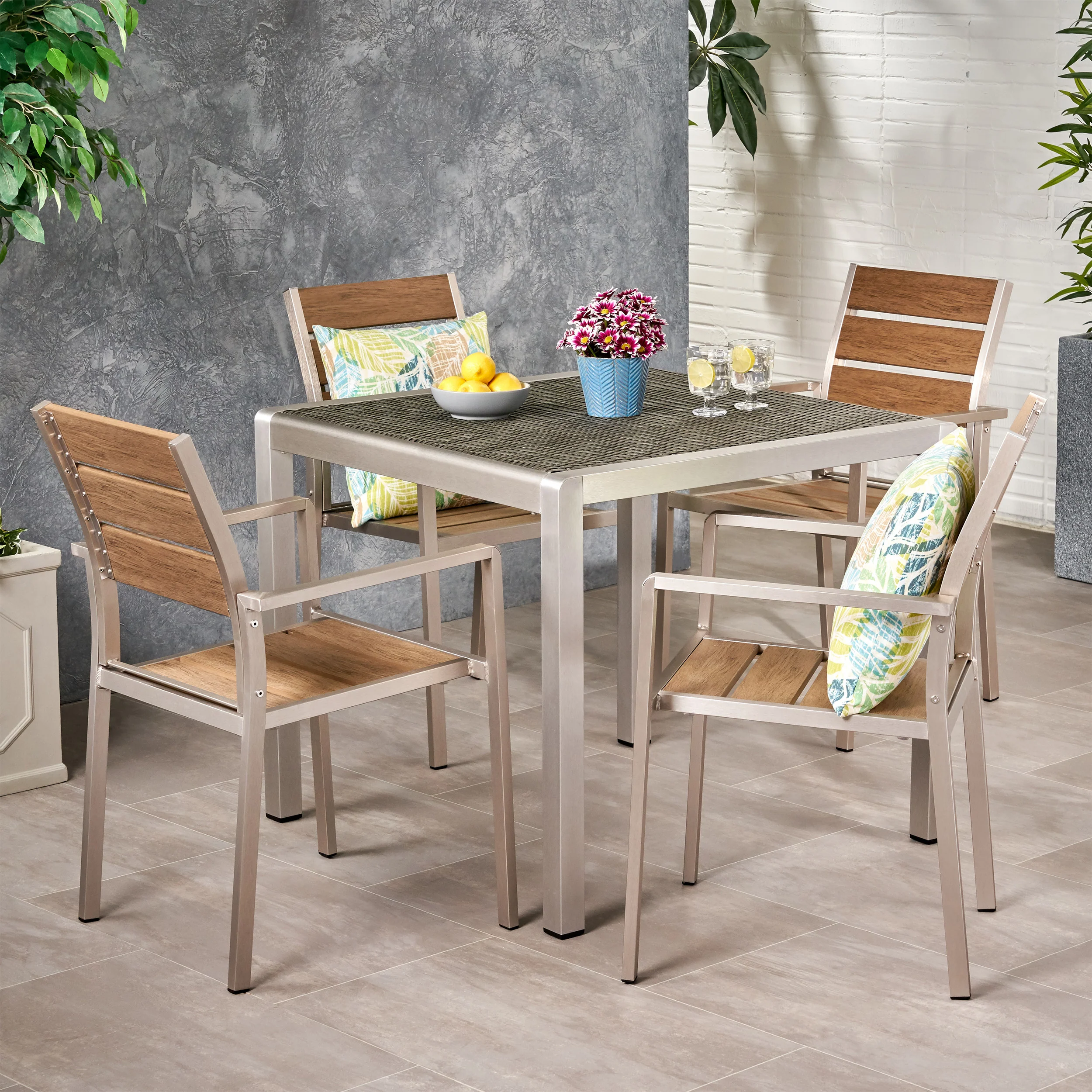 Cherie Outdoor Modern Aluminum 4 Seater Dining Set with Faux Wood Seats and Wicker Table Top - furnishings
