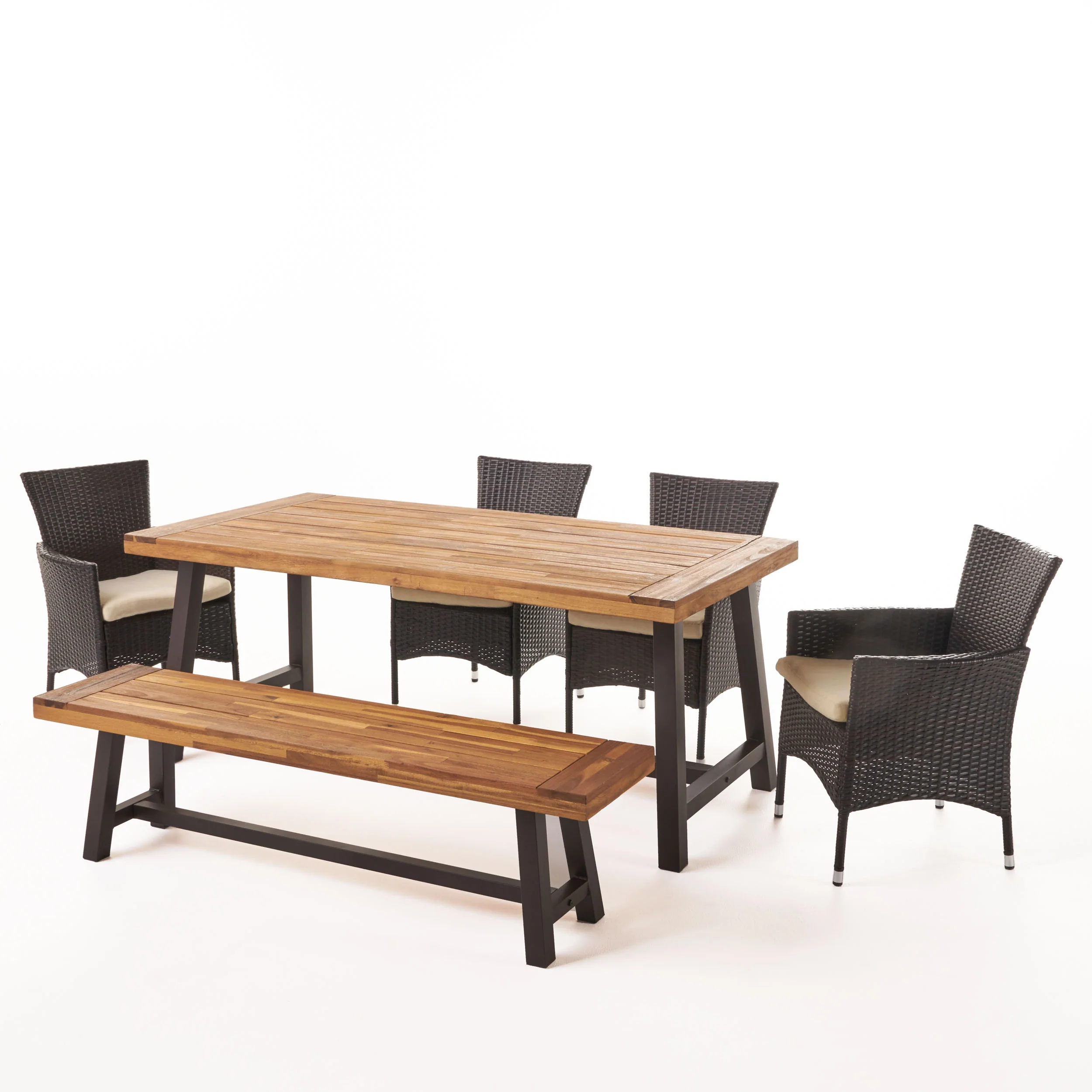 Linda Outdoor 6 Piece Iron and Sandblast Finished Acacia Wood Dining Set - furnishings
