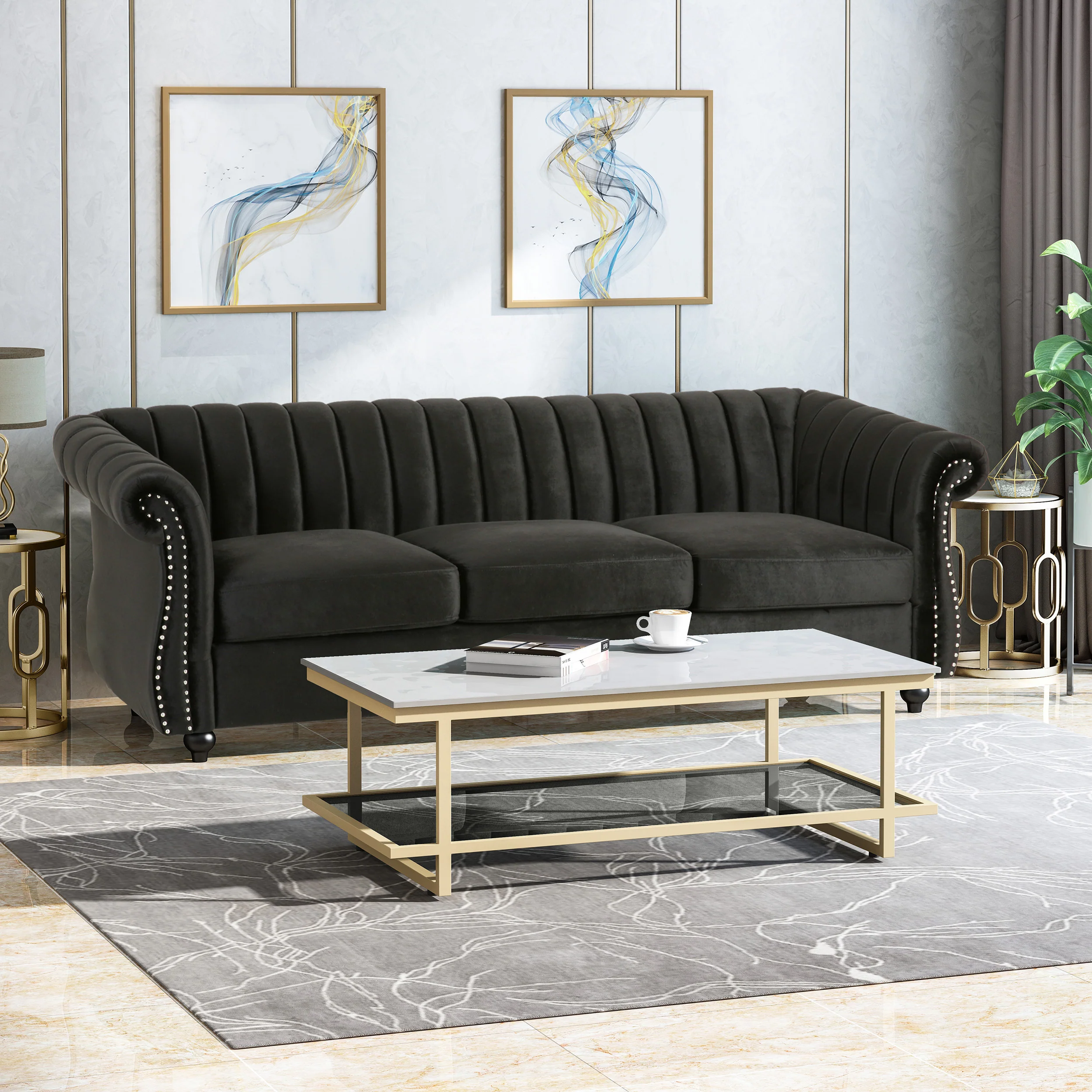 Olga Modern Glam Velvet 3 Seater Sofa, Umber and Dark Brown - furnishings
