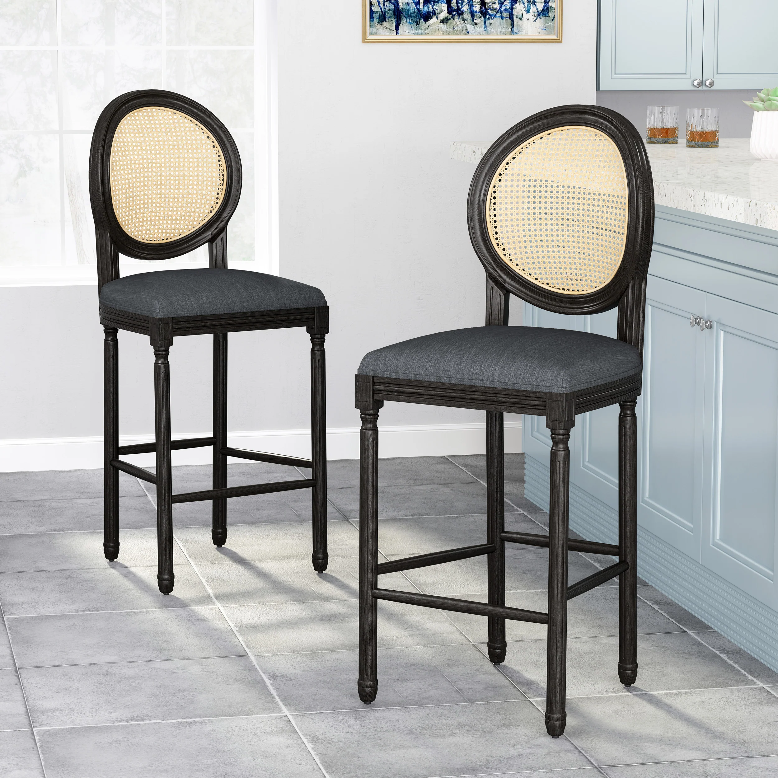 Towner French Country Wooden Barstools with Upholstered Seating (Set of 2) - furnishings