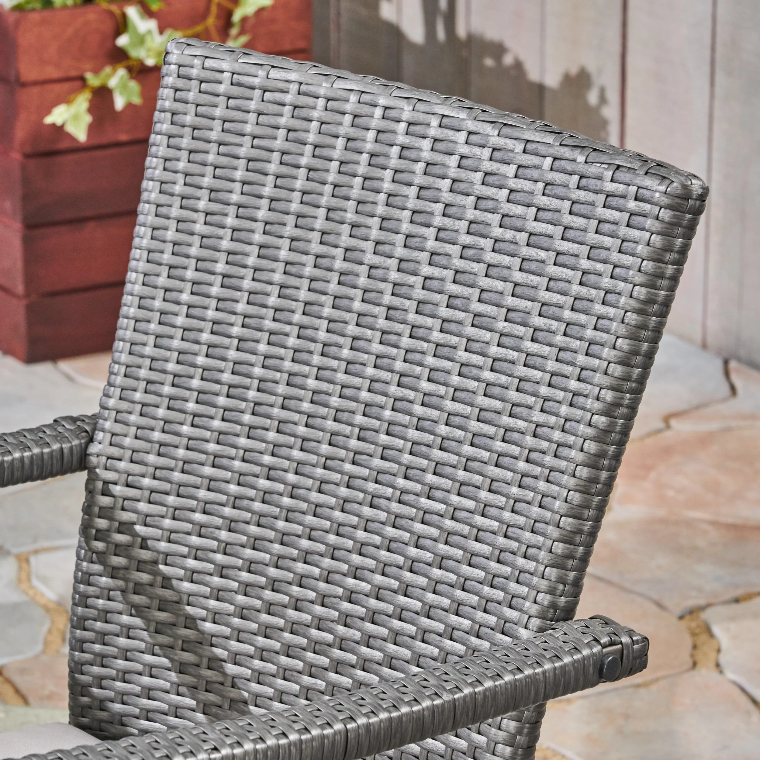 Dawn Outdoor 6-Seater Acacia Wood Dining Set with Wicker Chairs, Sandblast Dark Gray Finish and Gray - furnishings