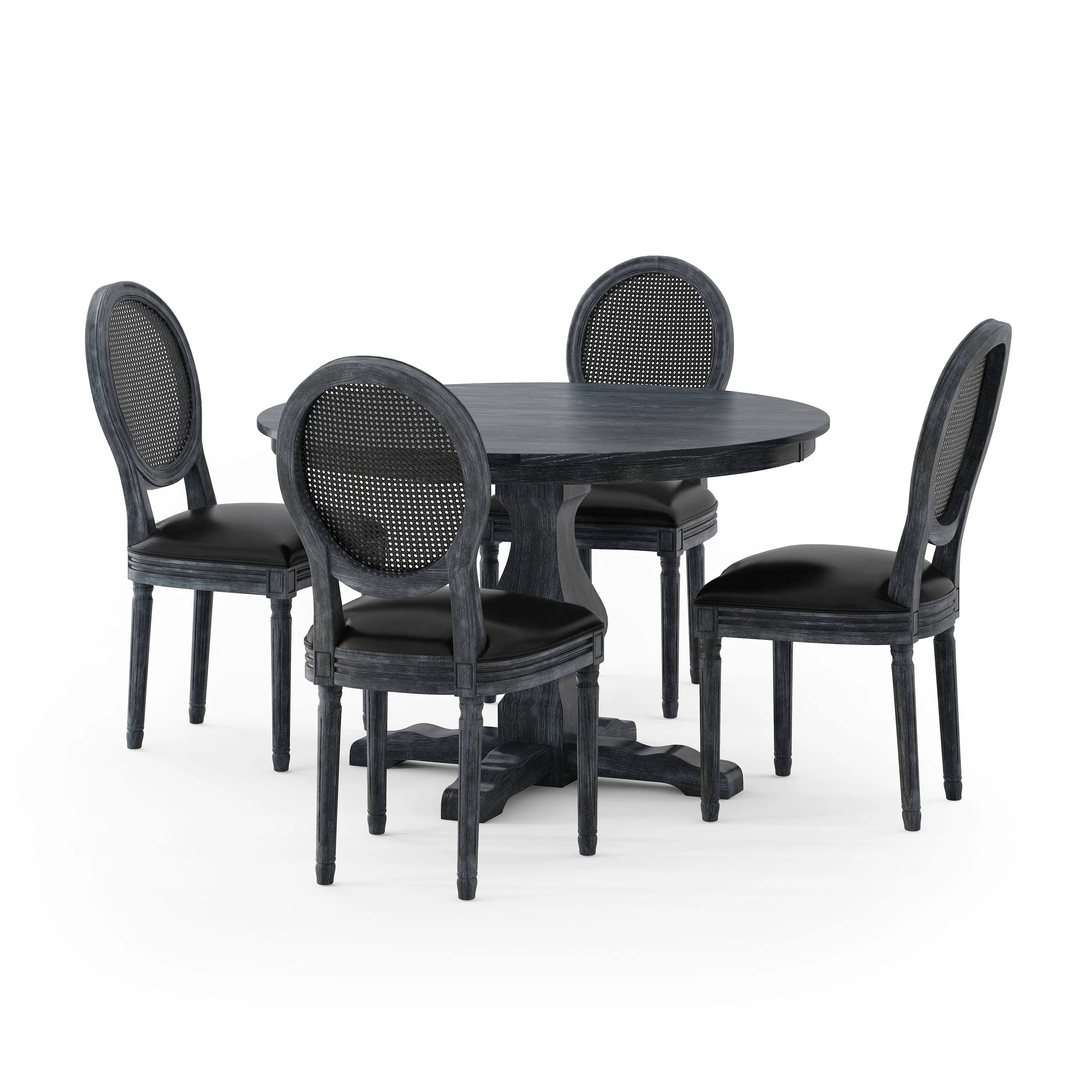 Mores French Country Upholstered Wood and Rattan 5 Piece Circular Dining Set - furnishings