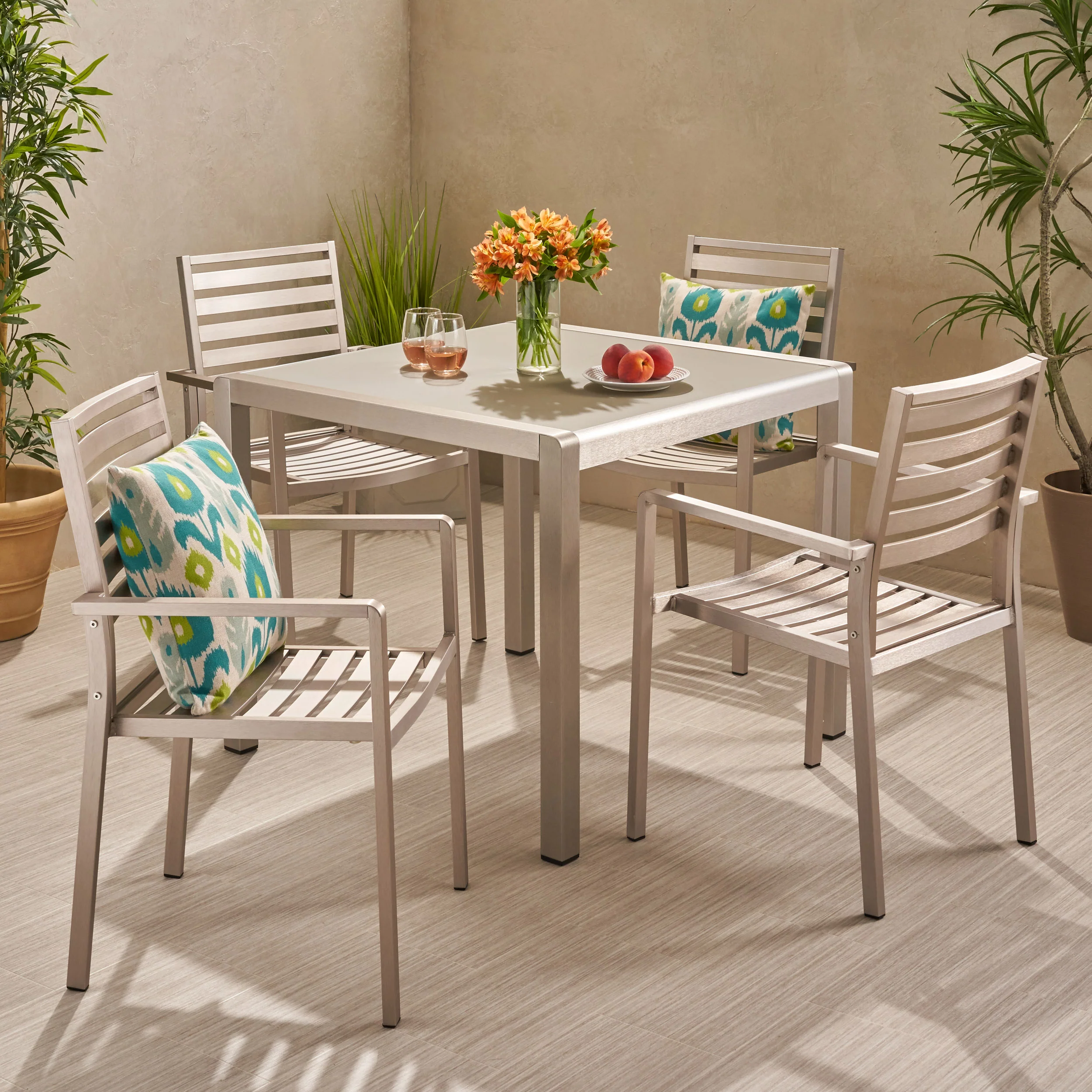 Cherie Outdoor Modern 4 Seater Aluminum Dining Set with Tempered Glass Table Top - furnishings