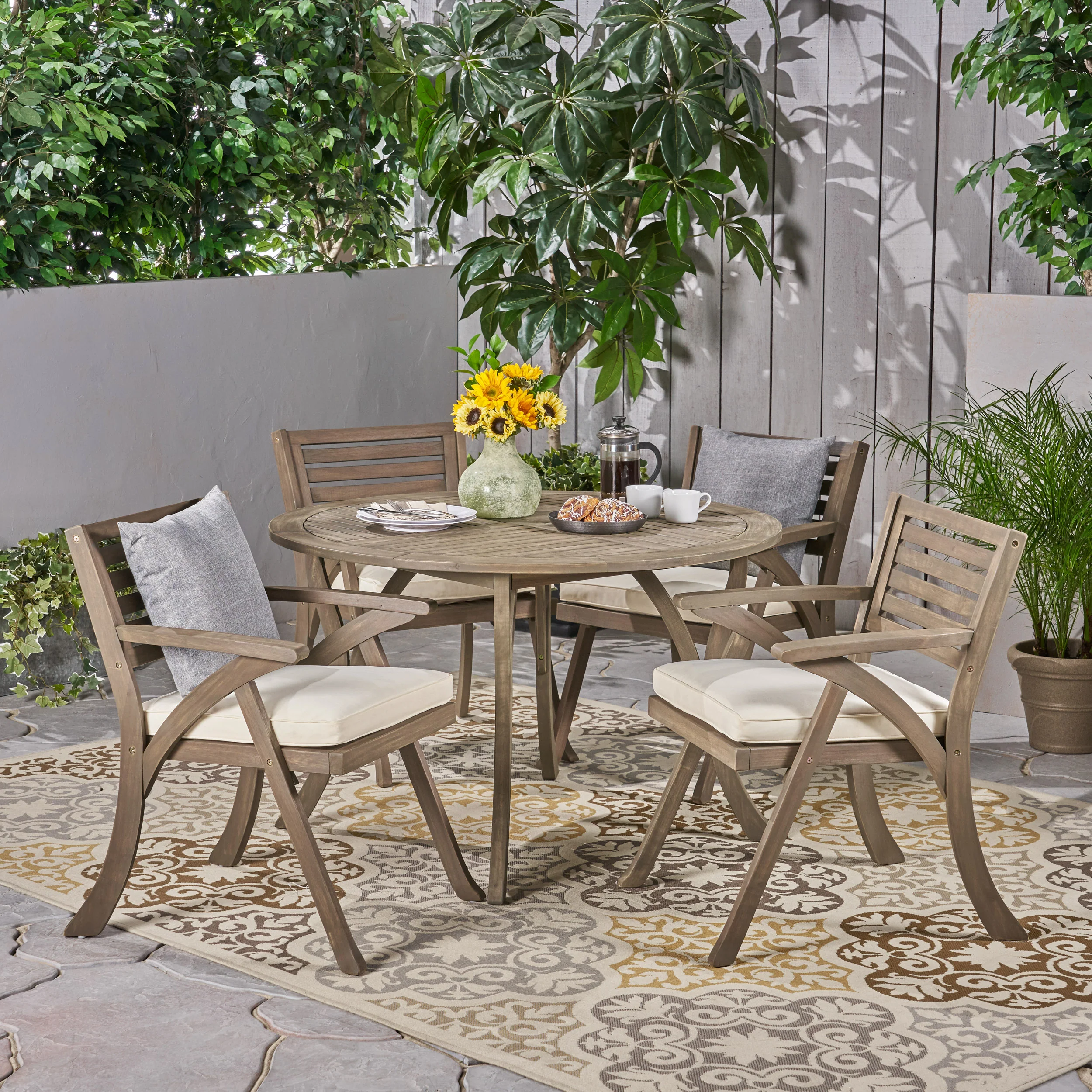 Hestia Outdoor 5 Piece Acacia Wood Dining Set with Round Table - furnishings