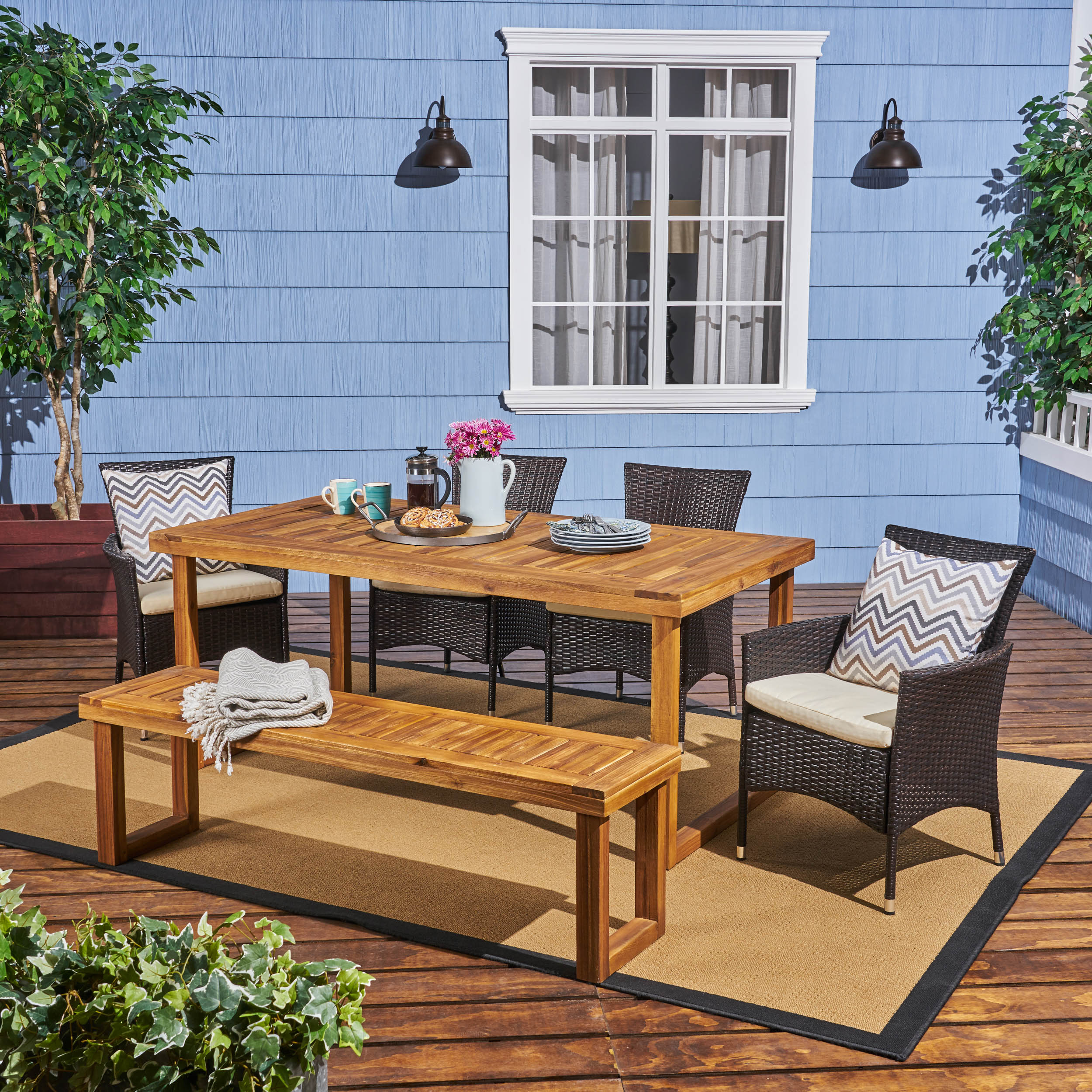 Agnes Outdoor 6-Seater Wood and Wicker Chair and Bench Dining Set - furnishings