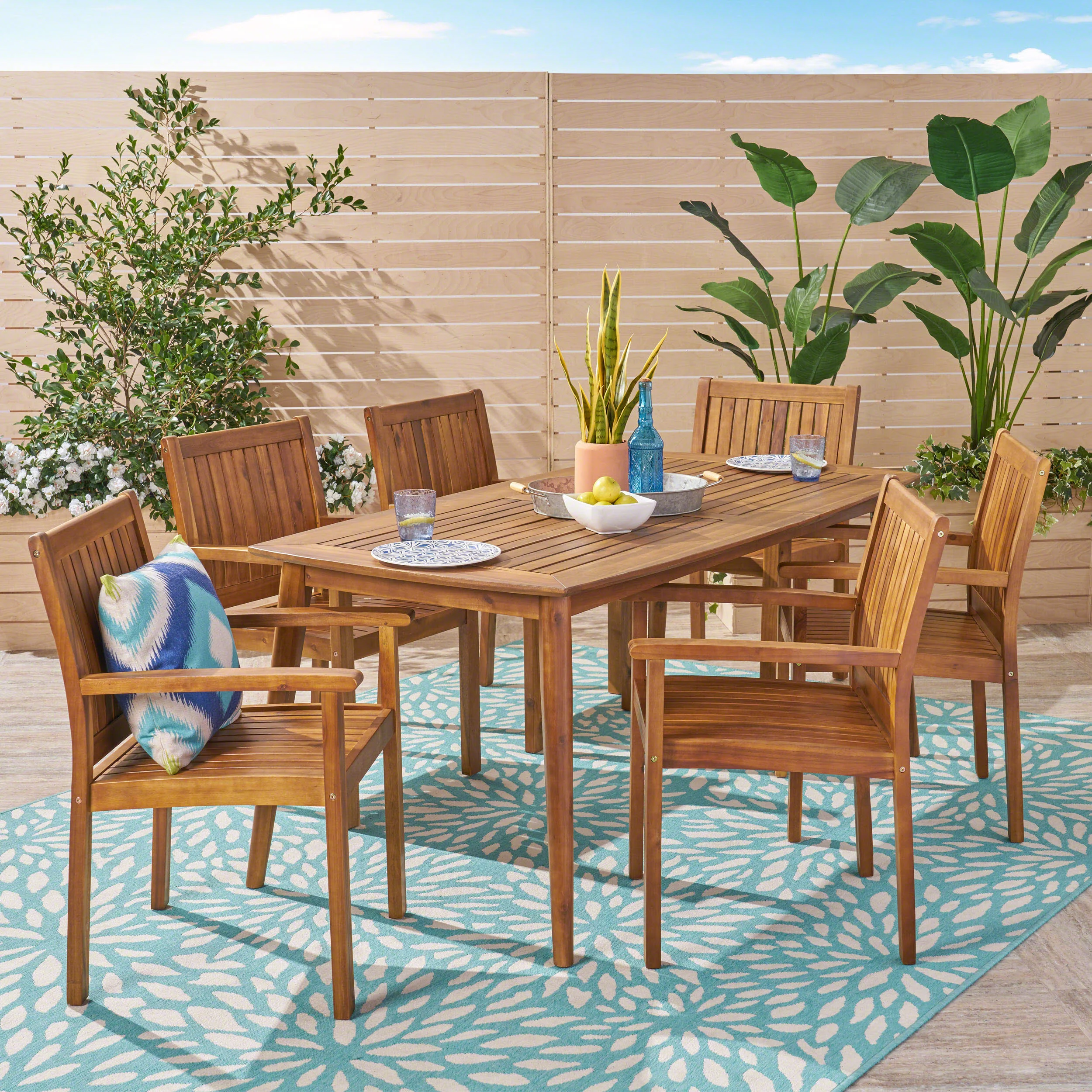 Kally Outdoor 7 Piece Acacia Dining Set, Teak Finish - furnishings