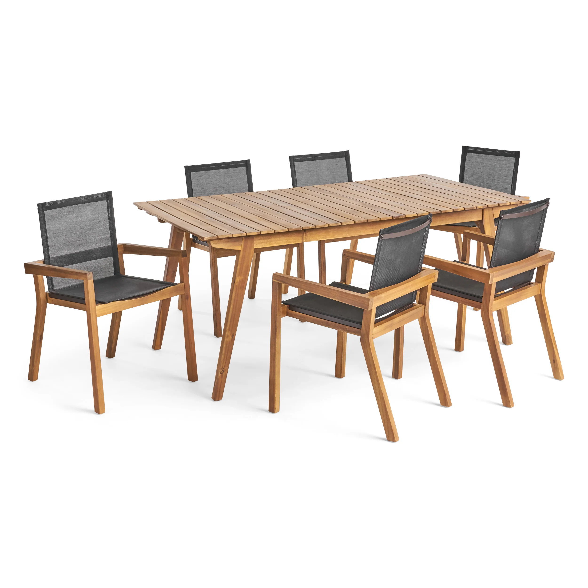 Janely Outdoor Acacia Wood 7 Piece Dining Set with Mesh Seats - furnishings