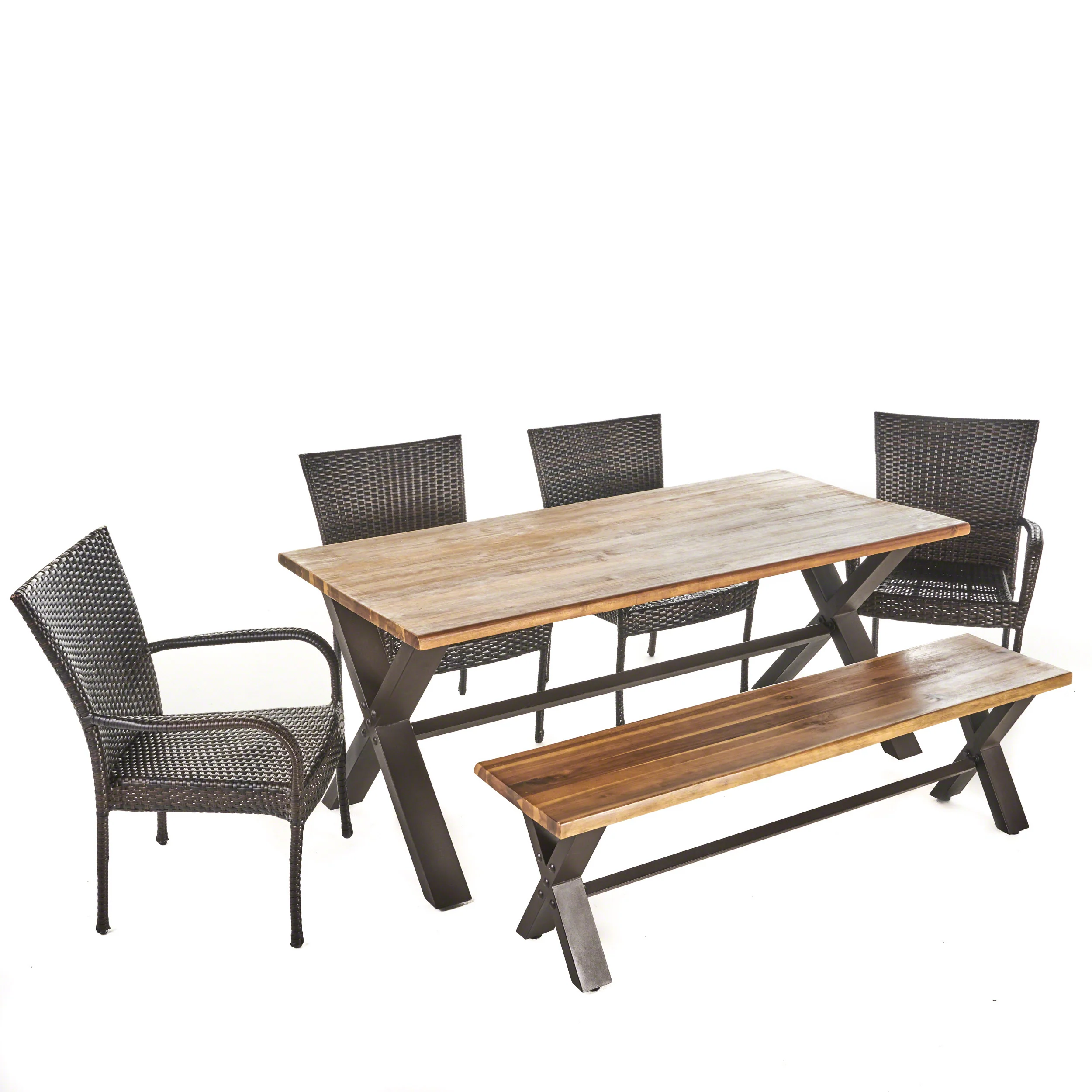 Bula Outdoor 6 Piece Acacia Wood Dining Set with Wicker Stacking Chairs - furnishings