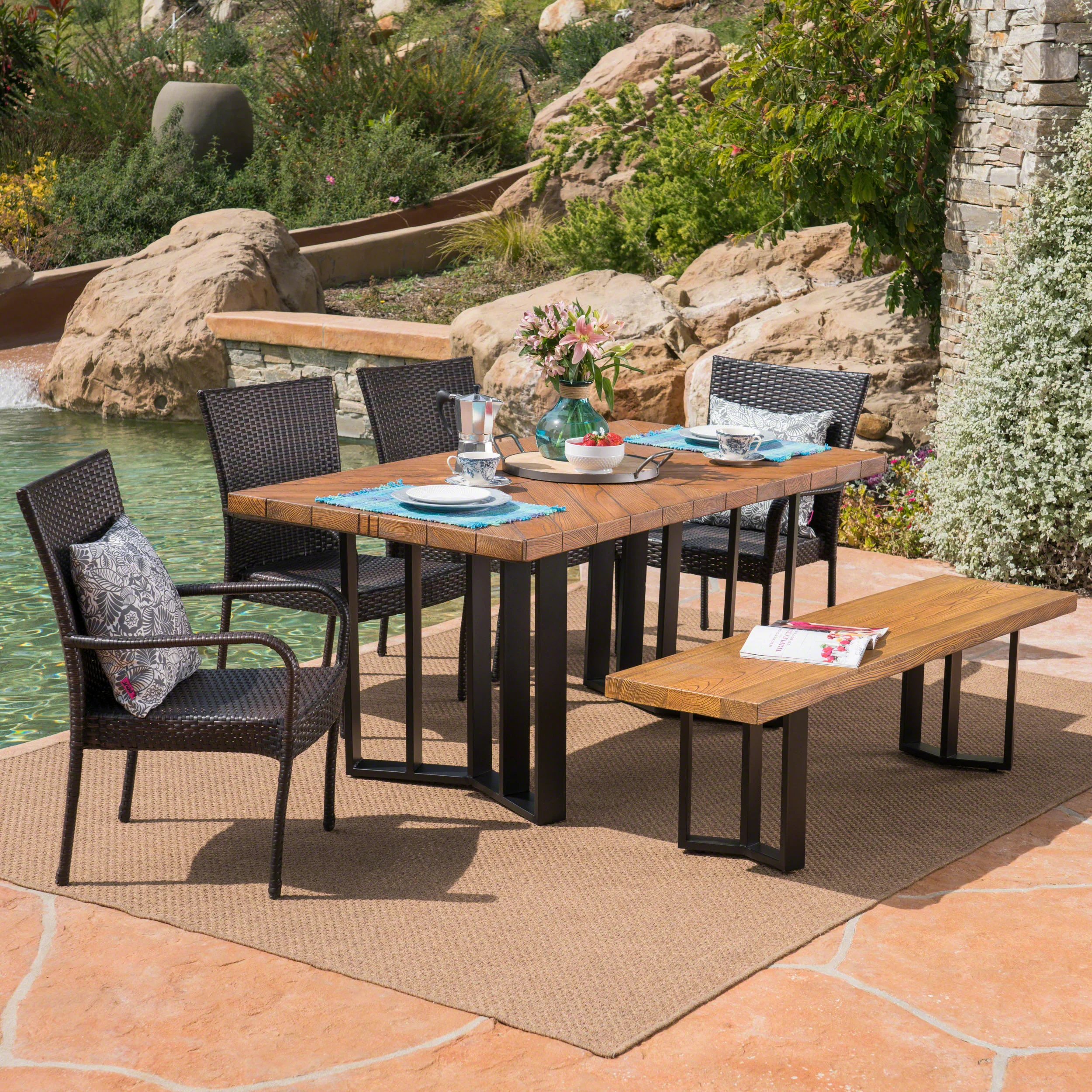 Fiona Outdoor 6 Piece Wicker Dining Set with Concrete Dining Table and Bench - furnishings